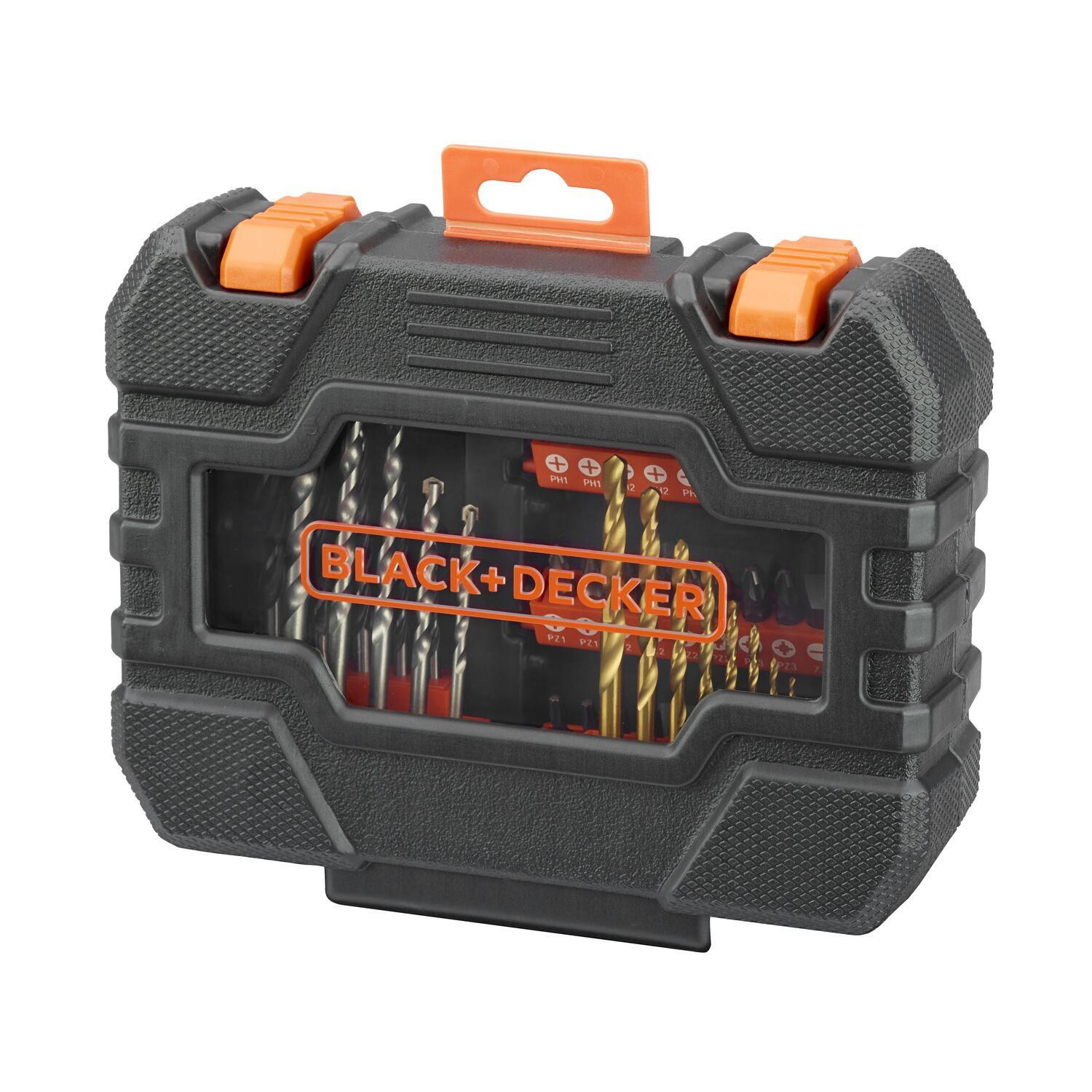 Black and Decker Bohrer-Set in schwarzer und oranger Kunststoffbox.