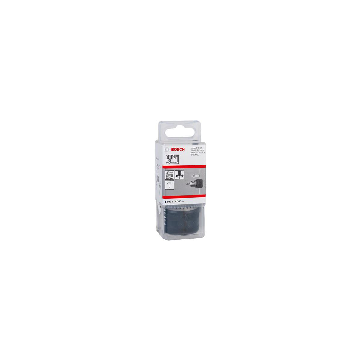 Mandrino Bosch 1,5-13mm in blister trasparente, su sfondo bianco.