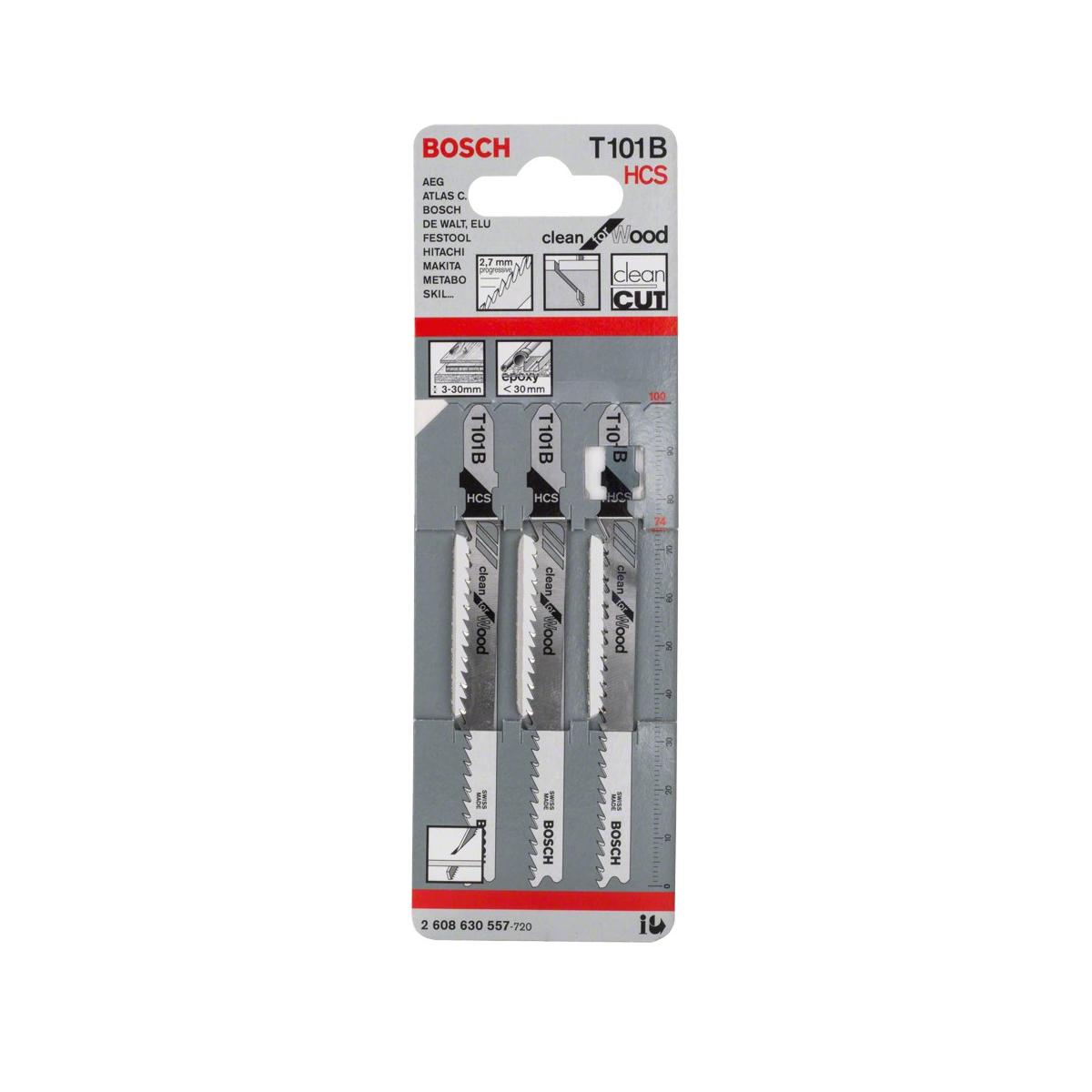 Confezione con tre lame per seghetto alternativo Bosch T101B HCS per legno ed epoxy.