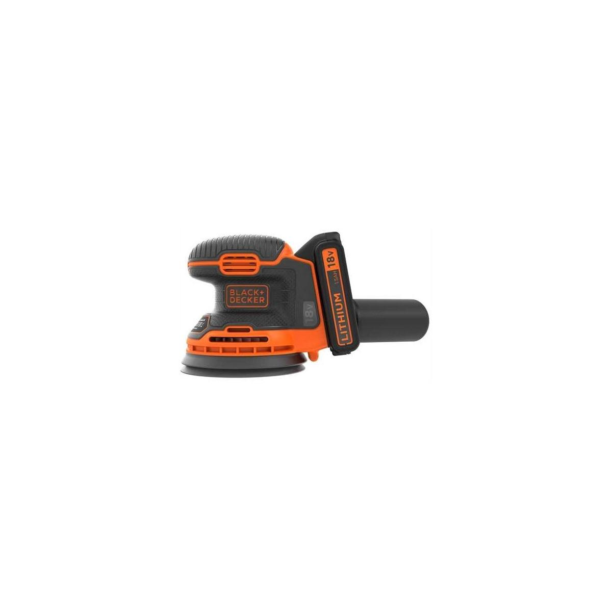 Lijadora orbital Black+Decker negra y naranja con batería de 18V.