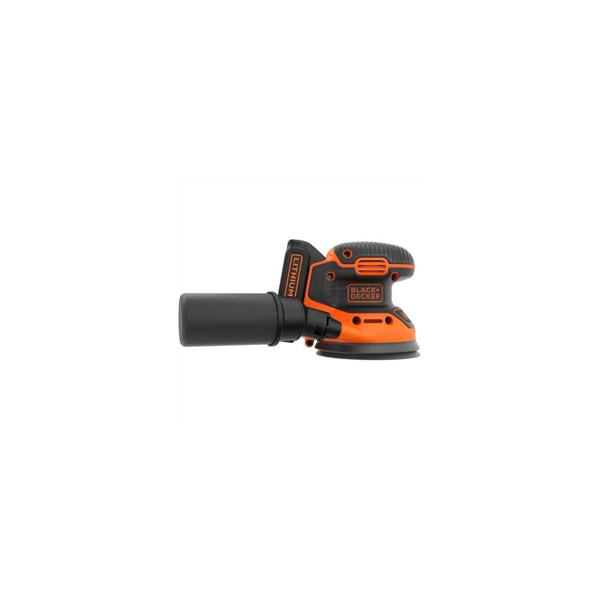 Una lijadora inalámbrica Black+Decker negra y naranja con boquilla de extracción de polvo.