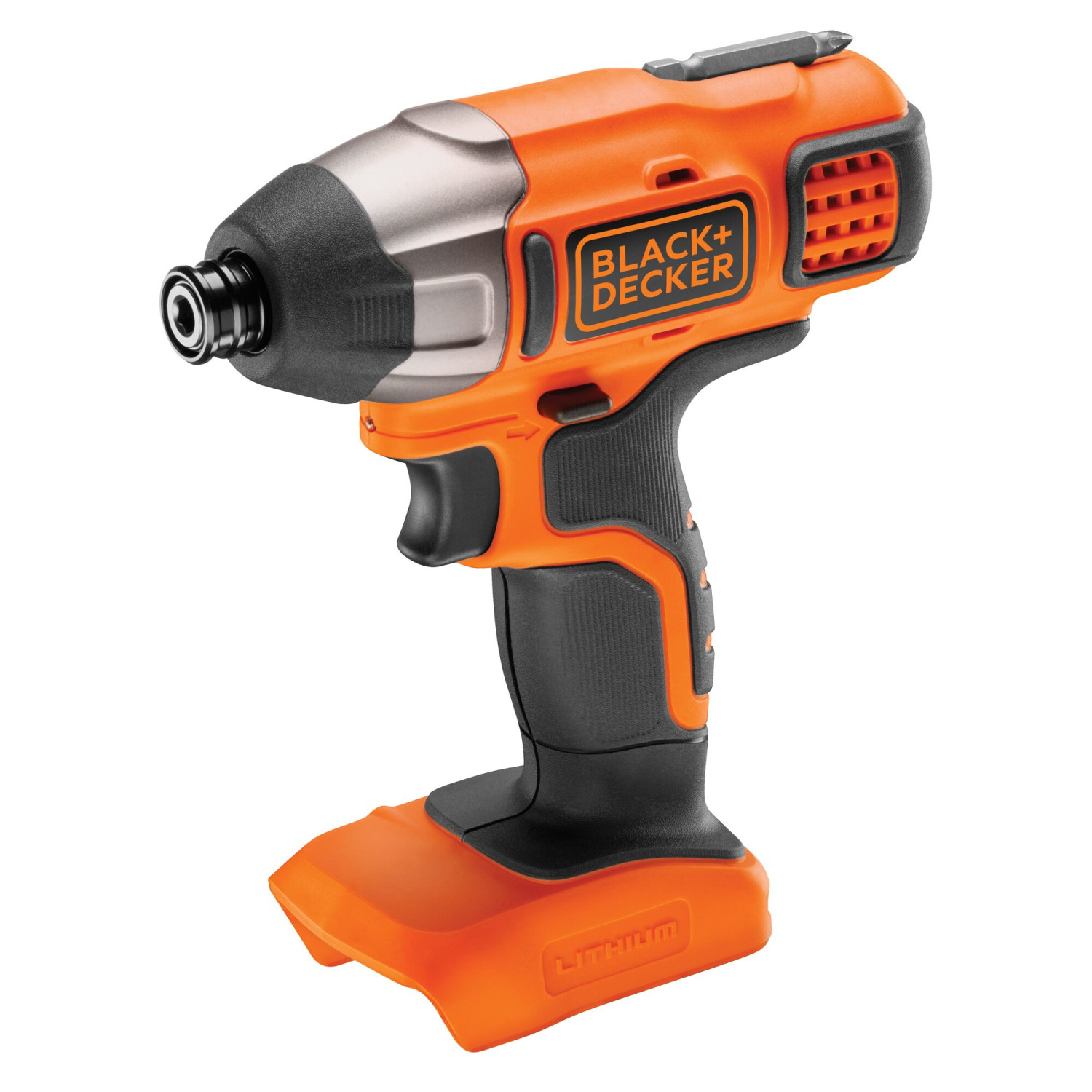 Un avvitatore a impulsi senza fili Black+Decker arancione e nero.