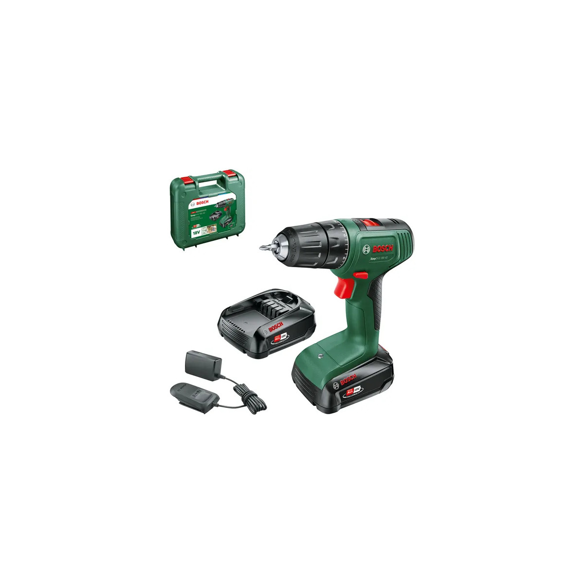 Visseuse sans fil Bosch verte avec accessoires : coffret, batterie, chargeur.