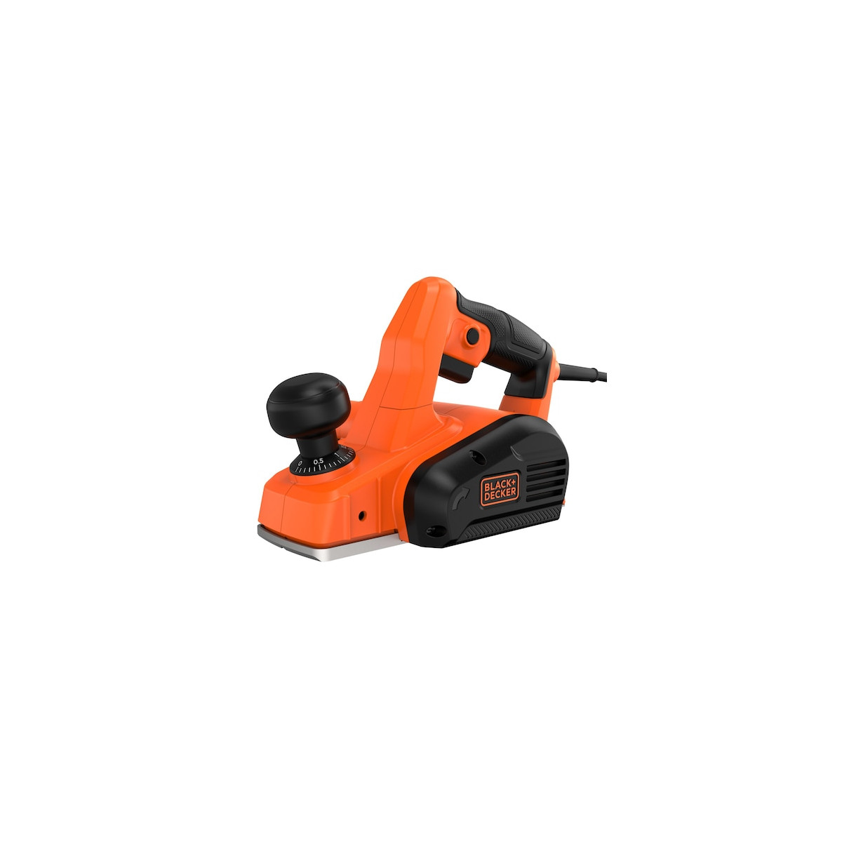 Una cepilladora Black+Decker naranja con mango negro y pomo de ajuste.