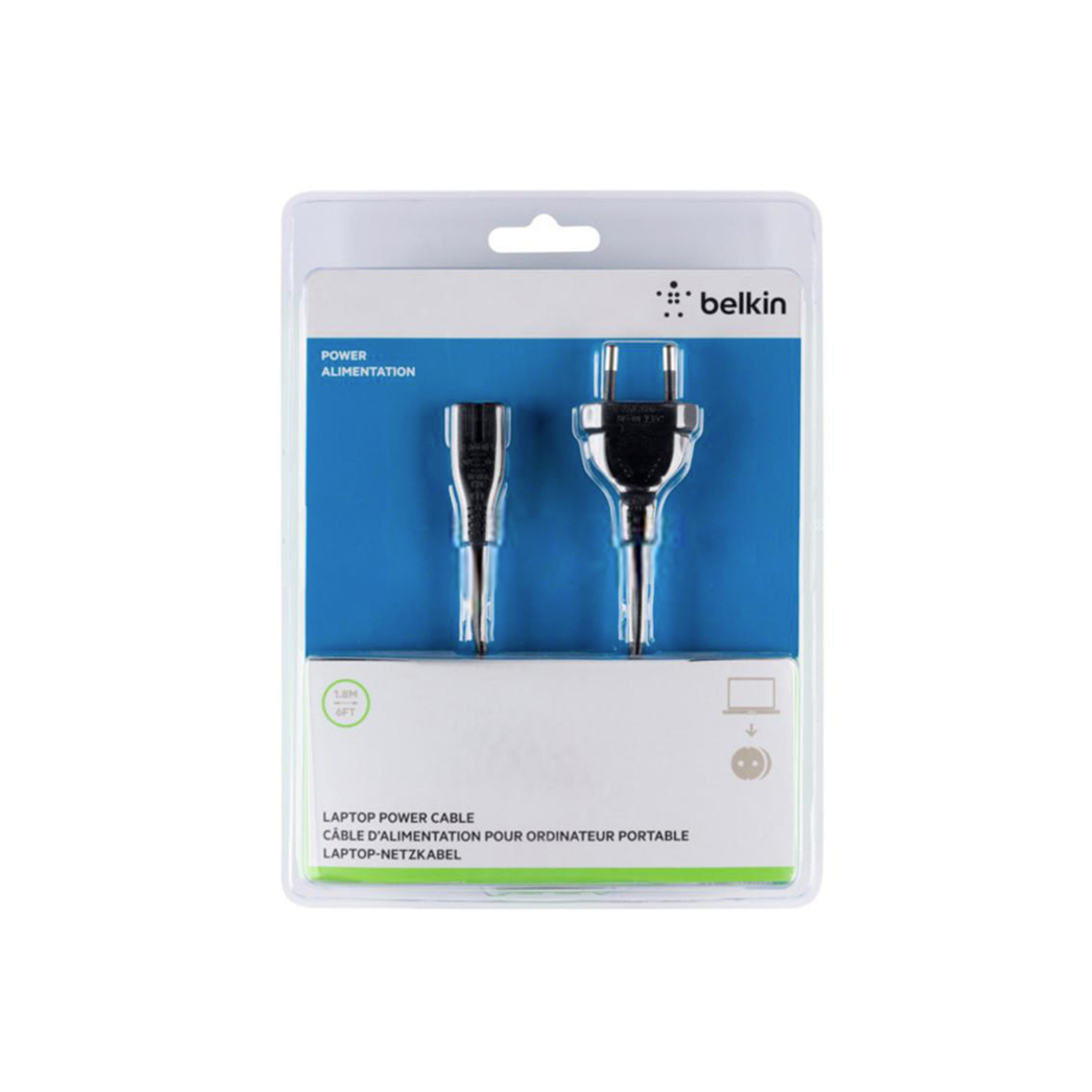 Belkin Laptop-Netzkabel mit zwei Steckern in Verpackung.