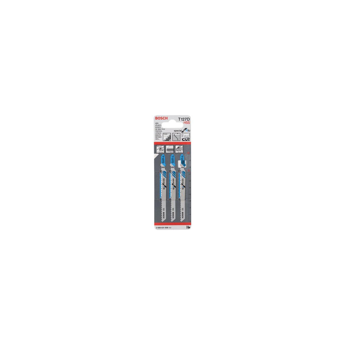 Paquete con tres hojas de sierra de calar Bosch T127D HSS para aluminio.