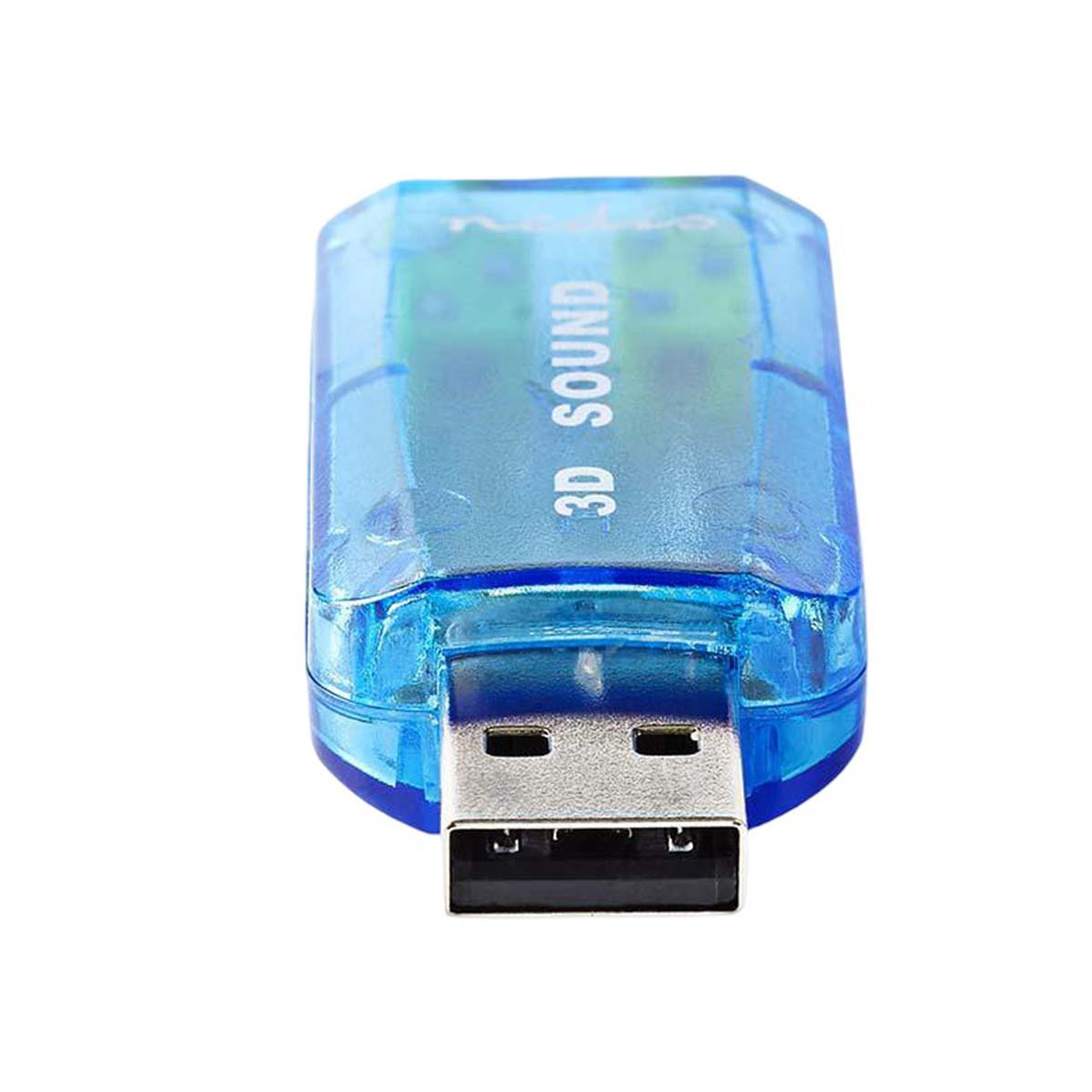 Un adattatore audio USB blu trasparente con etichetta "3D SOUND".
