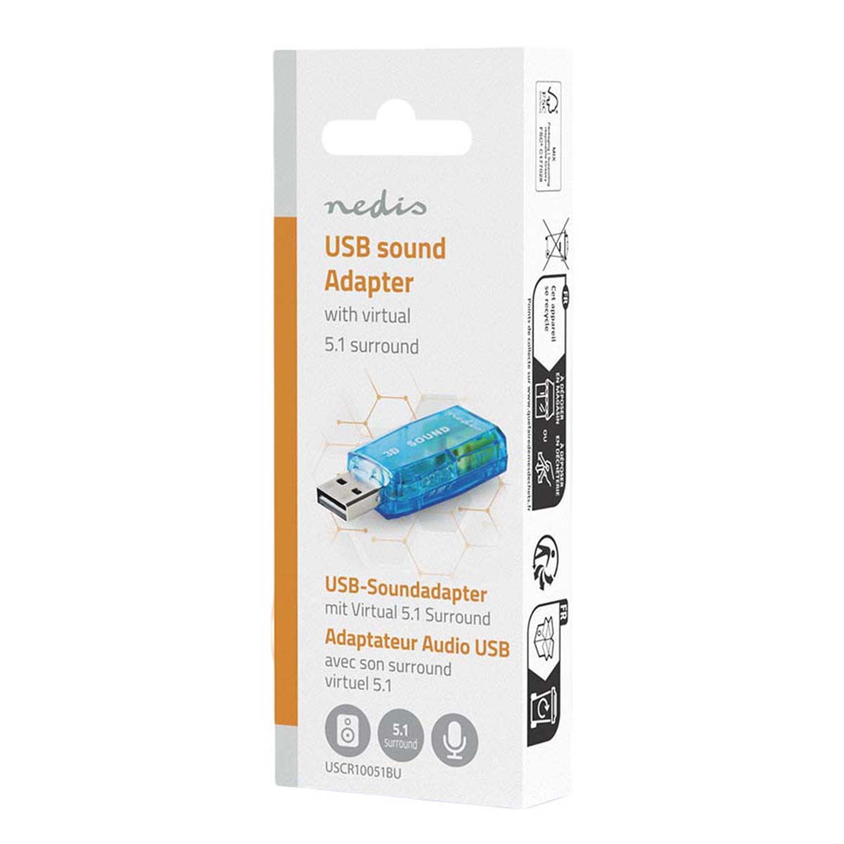 Confezione di un adattatore audio USB blu con audio surround 5.1.