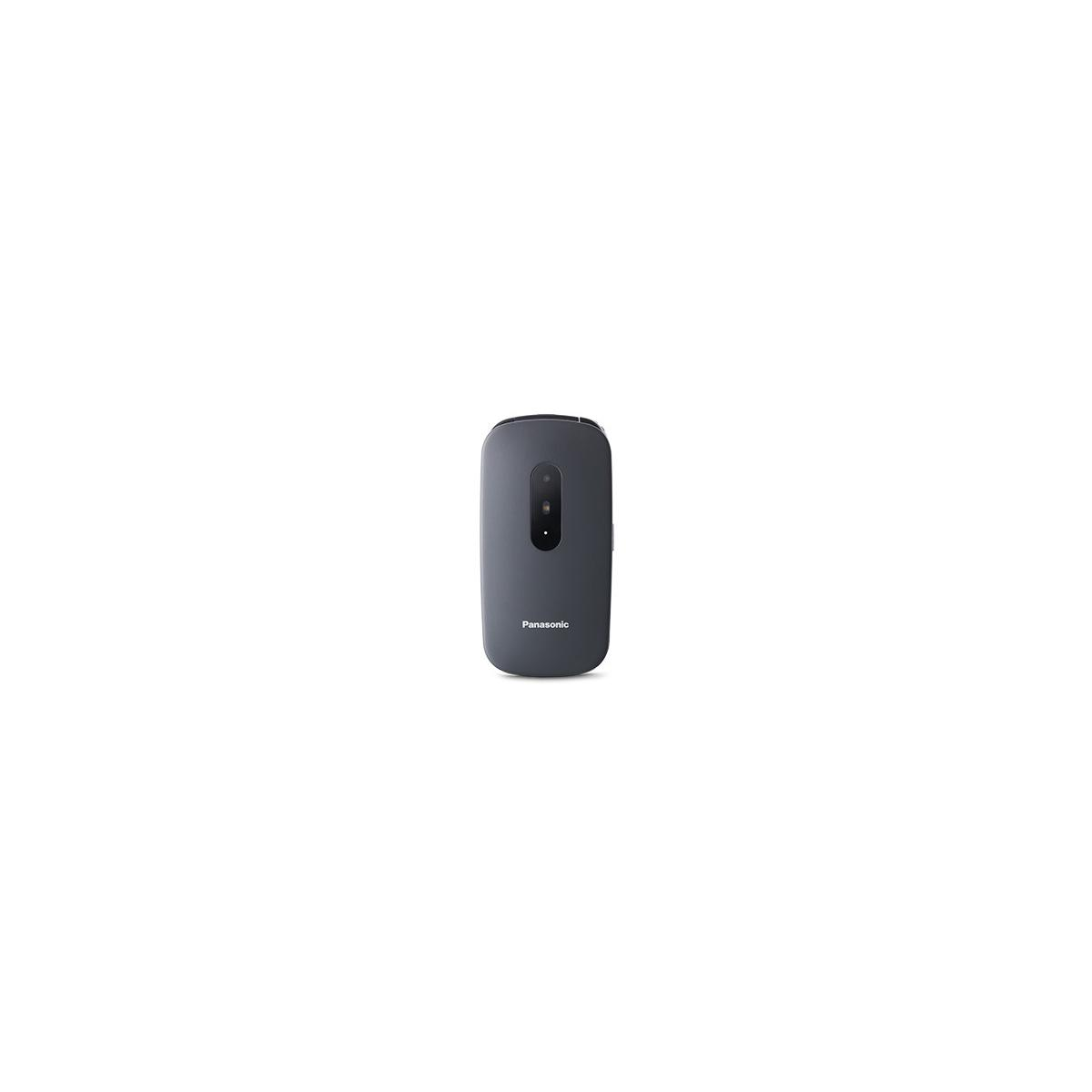 Un téléphone Panasonic ovale foncé avec une fente de visualisation verticale et un bouton.