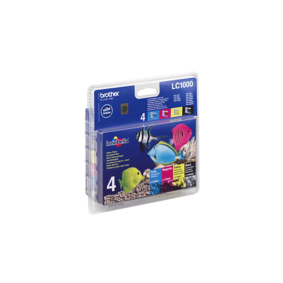 Un set di cartucce d'inchiostro Brother LC1000 con 4 cartucce e pesci colorati sulla confezione.