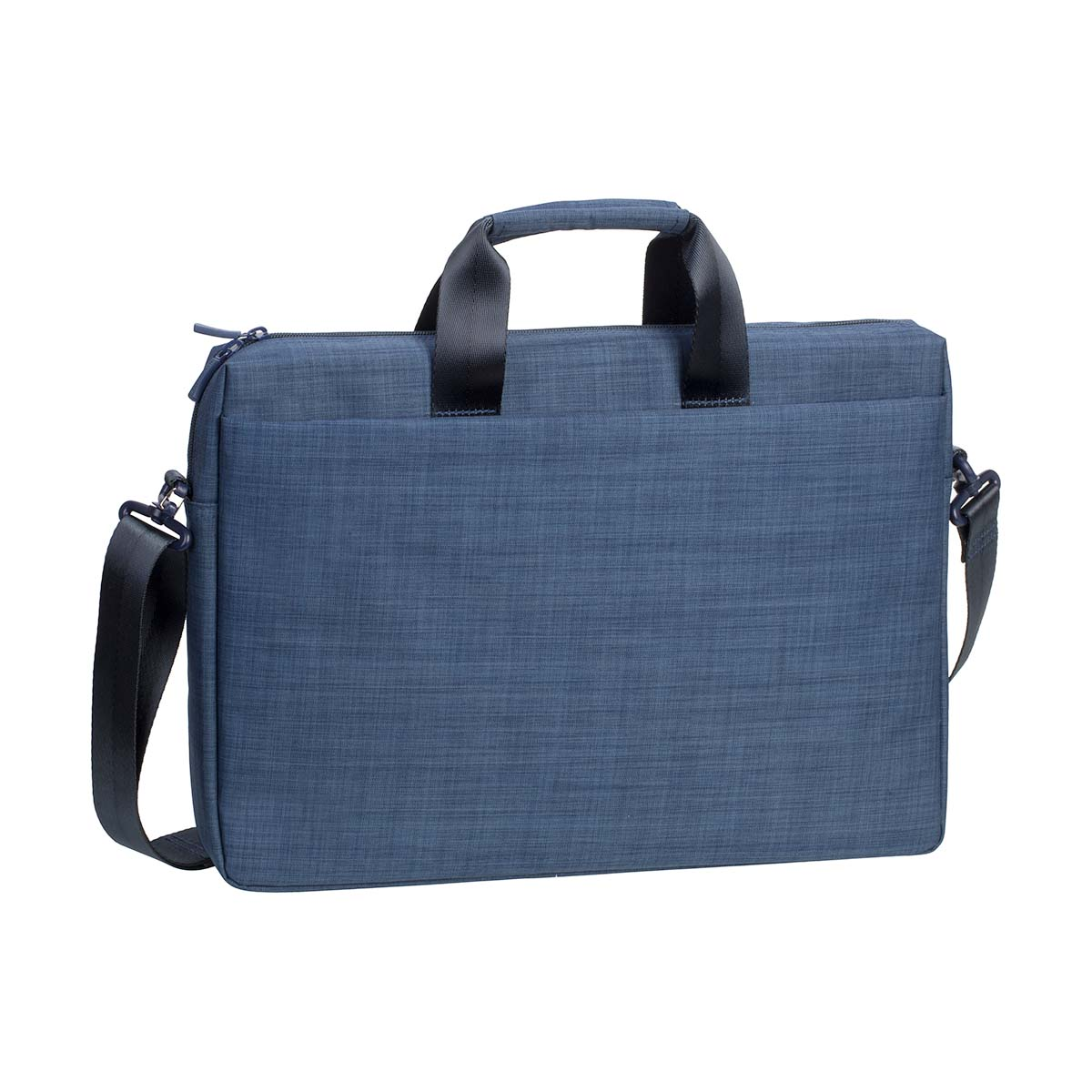 Una borsa blu per laptop con manici superiori e tracolla staccabile.