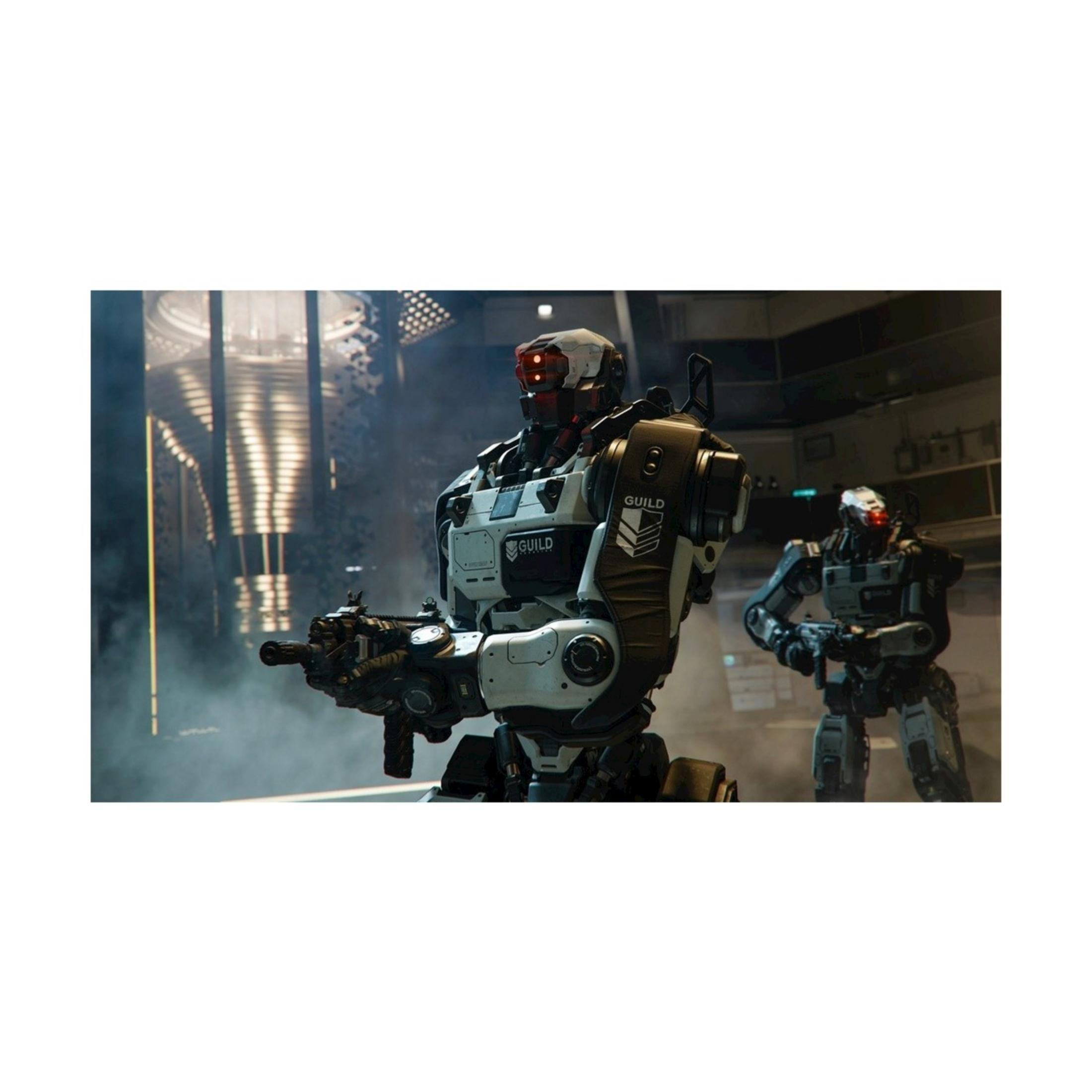 Dos robots con armas se alzan en una fábrica neblinosa.
