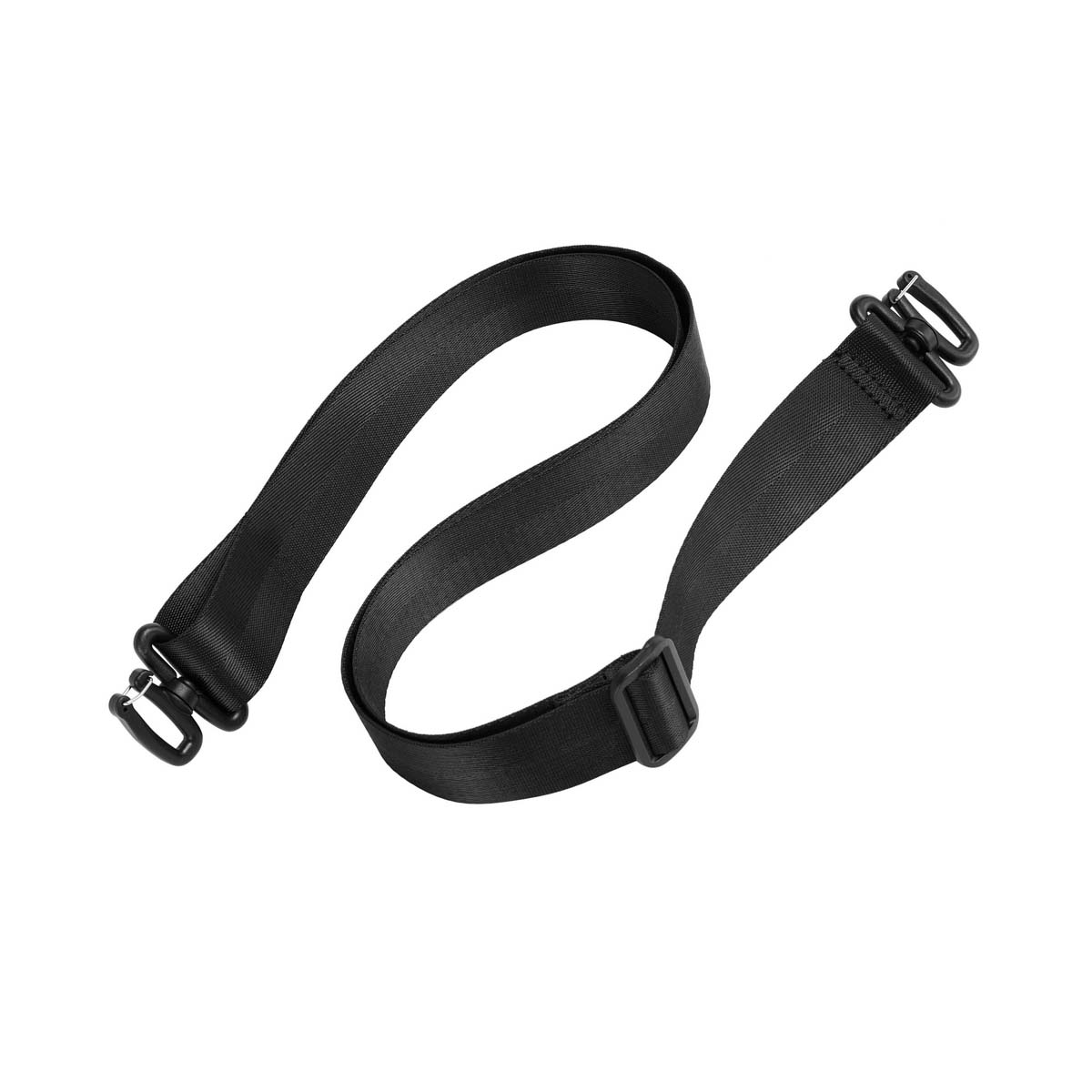 Una cinghia nera regolabile con fibbie e clip, su sfondo bianco.