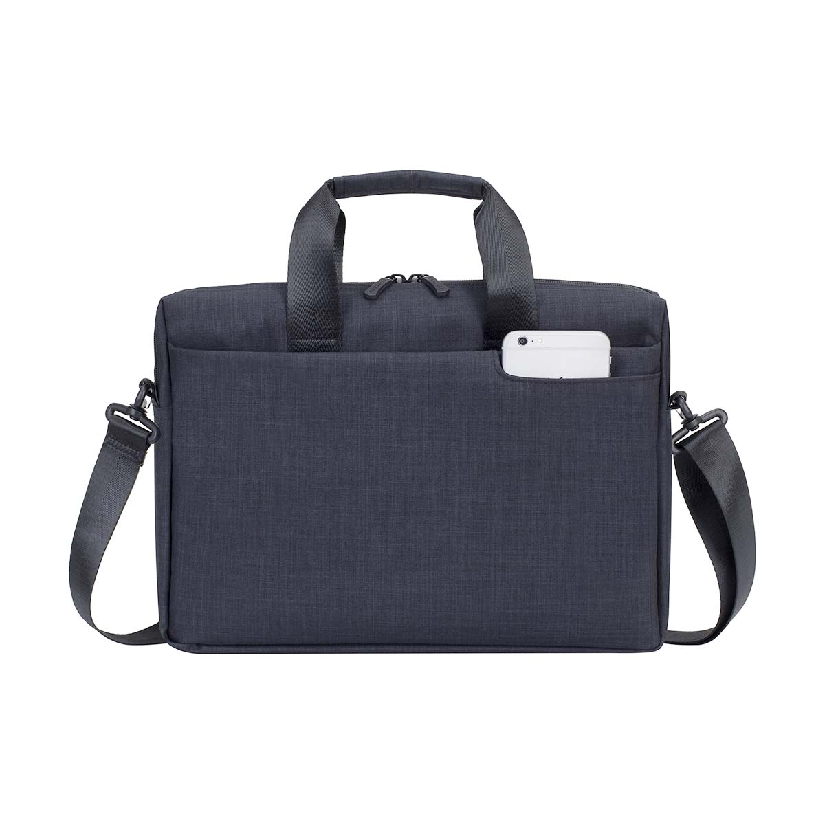 Borsa porta PC grigio scuro con manici, zip e tasca per telefono.