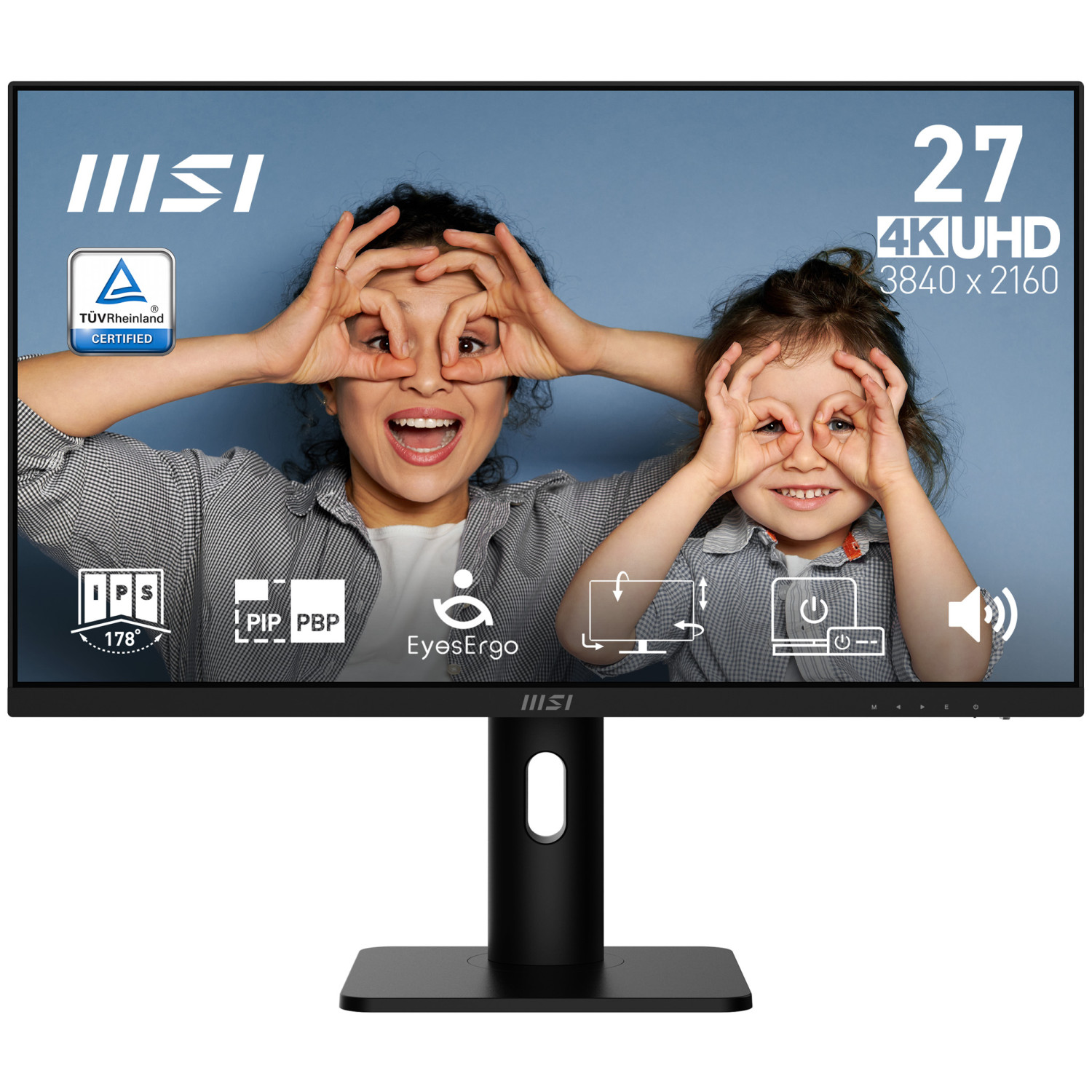 Monitor MSI 27" 4K UHD con madre e figlio che fanno gesti con gli occhi.
