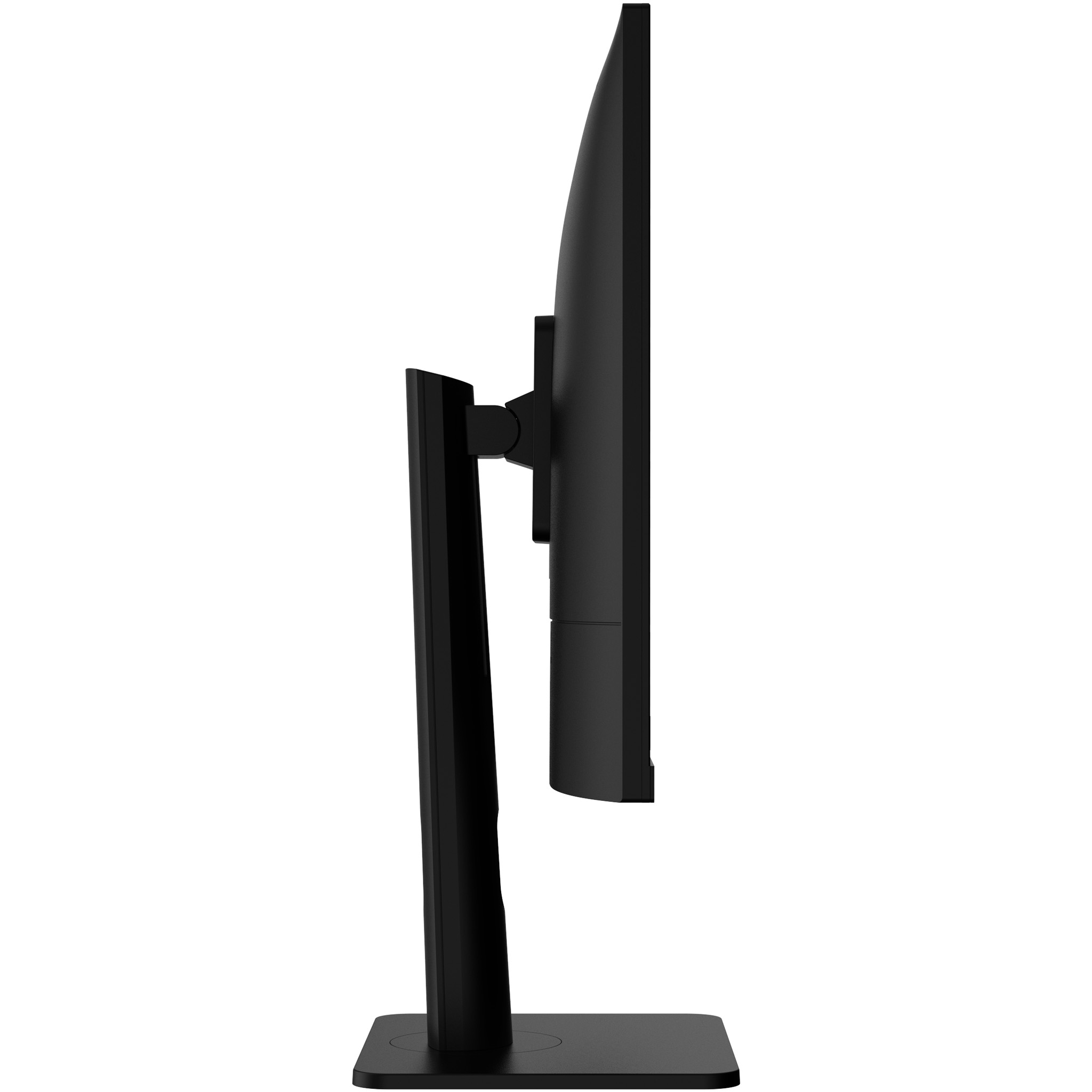 Un monitor del computer nero su un supporto contro uno sfondo bianco.