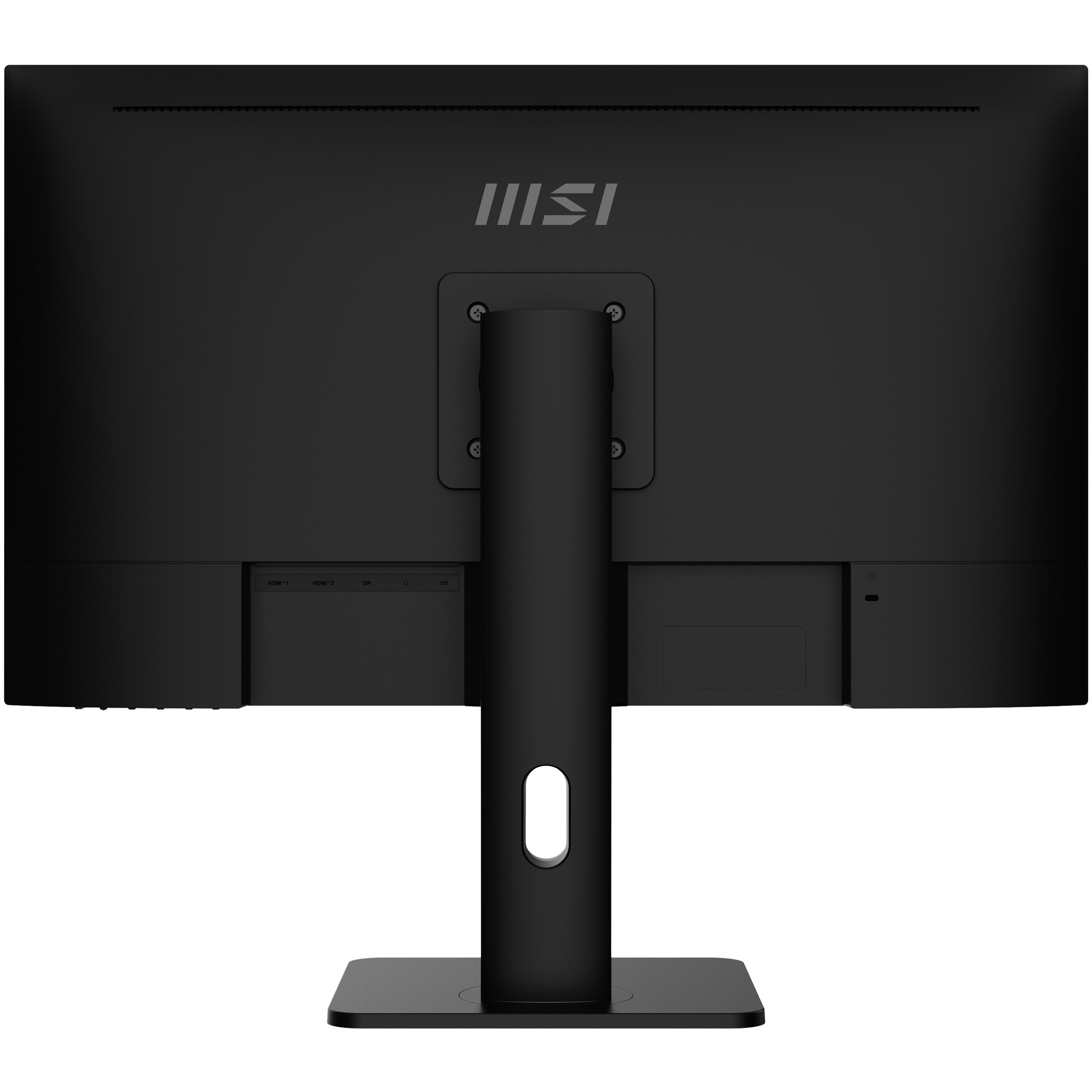 Vista posteriore di un monitor MSI nero con supporto e porte.