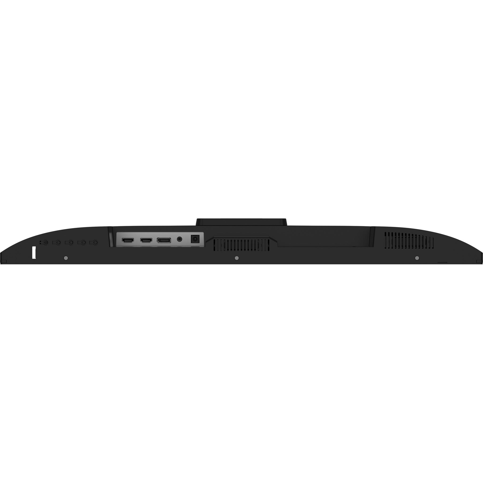 Retro di un monitor nero con porte: alimentazione, HDMI, USB-C e audio.