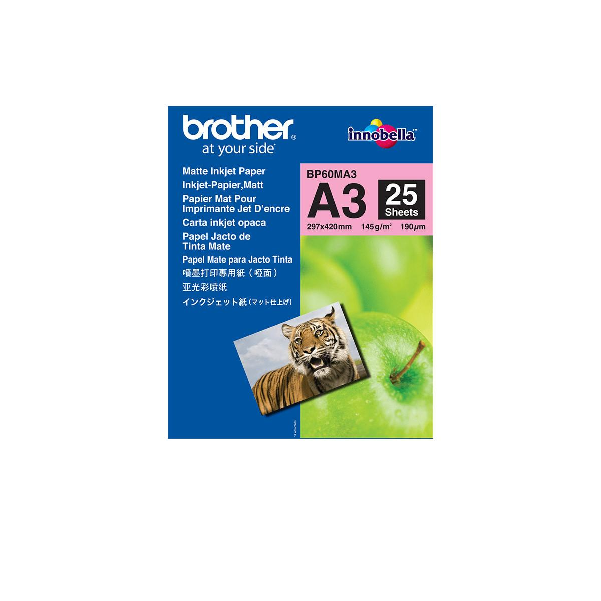 Verpackung für Brother Matt Inkjet Papier, A3, 25 Blatt, mit Tiger- und Apfelmotiv.