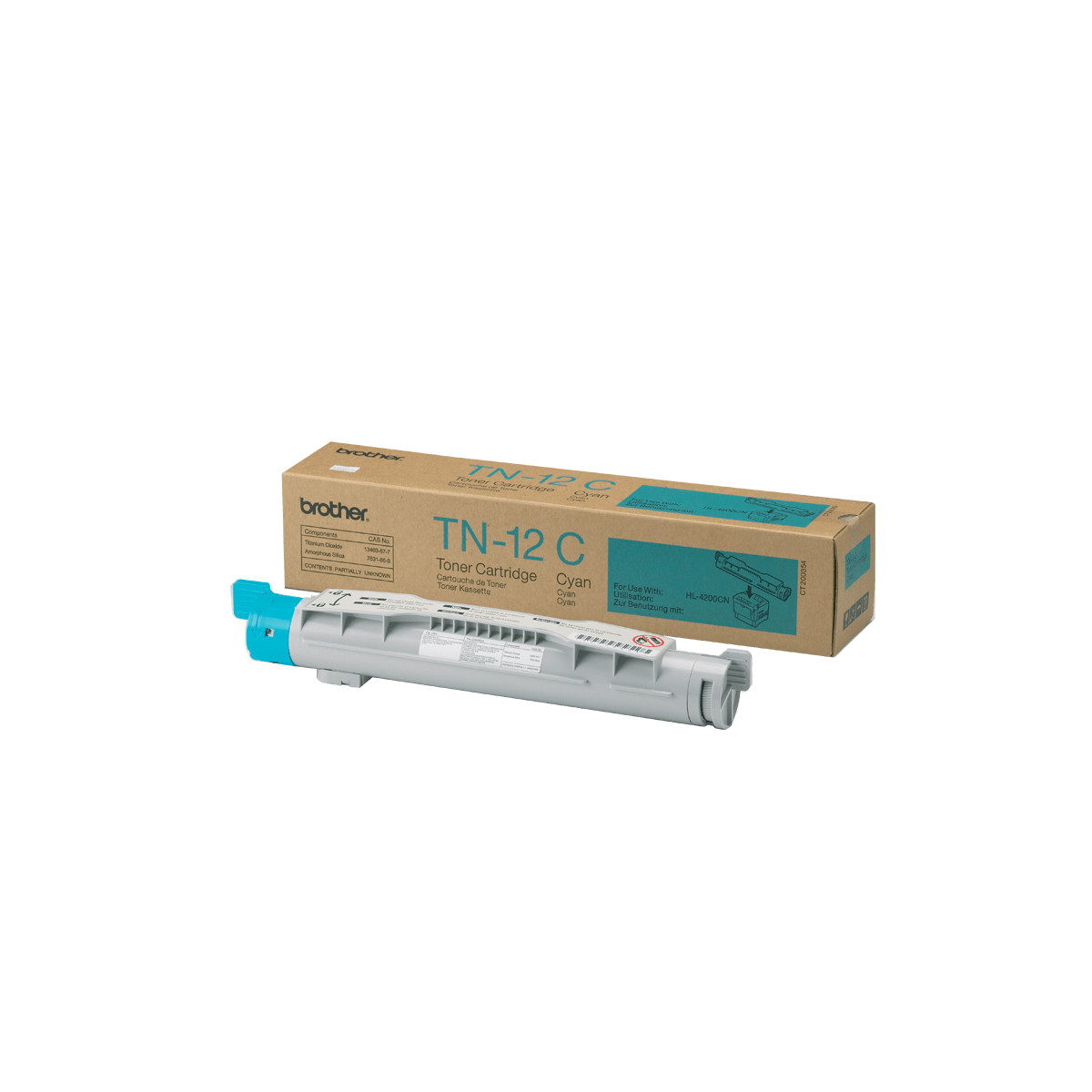 Una cartuccia toner Brother TN-12 C ciano e la sua scatola.