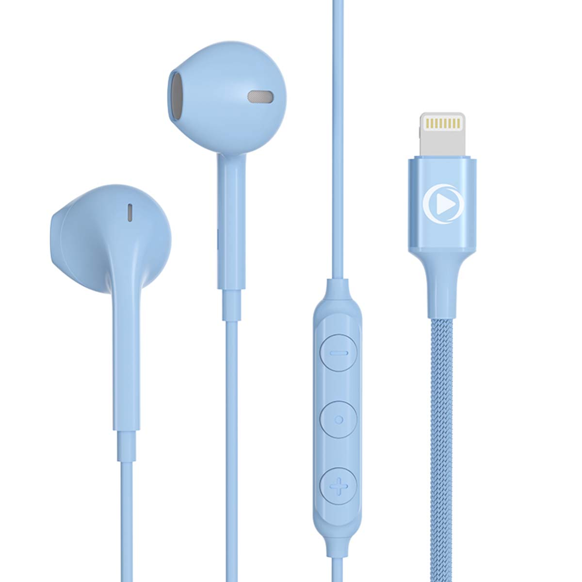 Auriculares azul claro con conector lightning y control remoto en línea sobre fondo blanco.