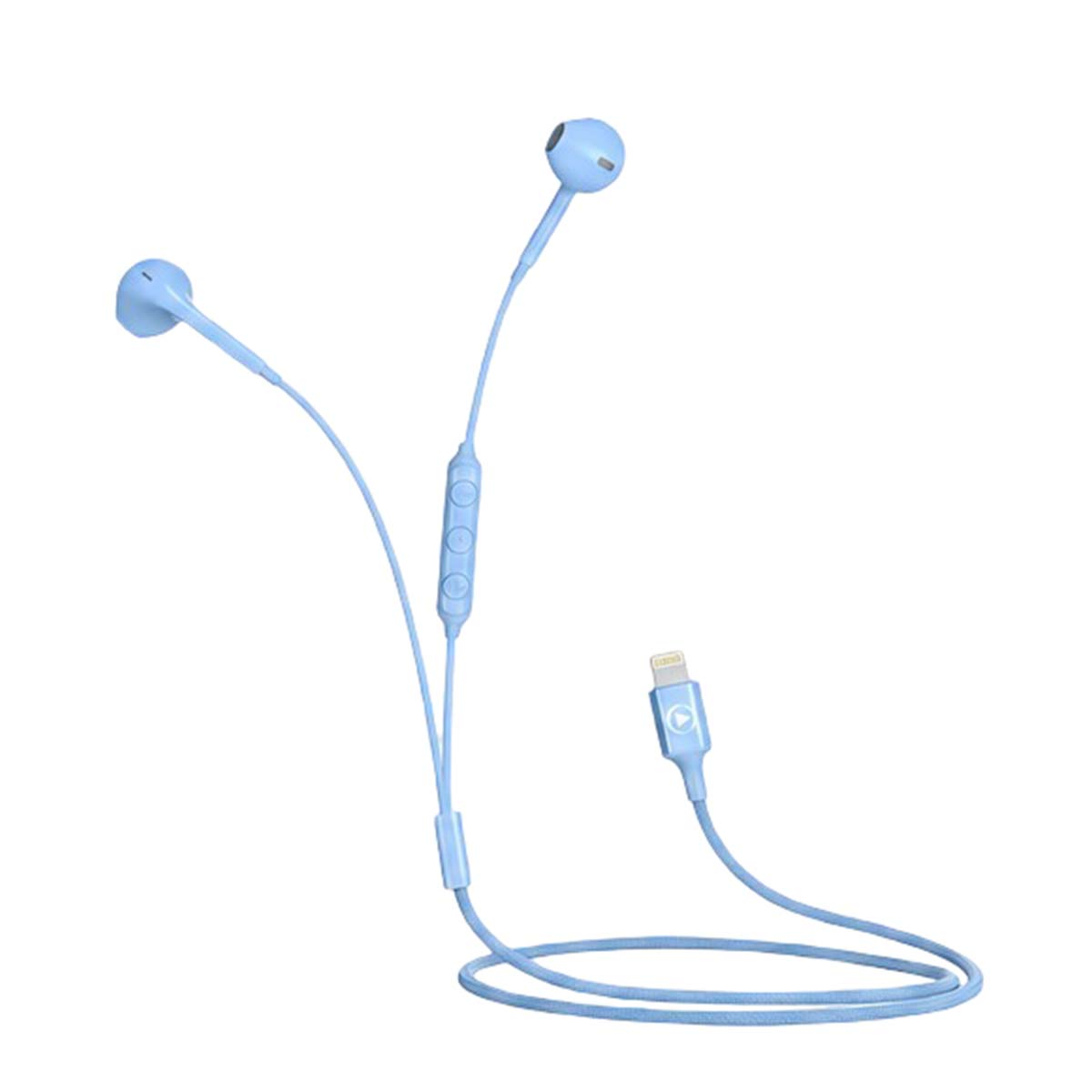 Auriculares azul claro con conector lightning y control remoto en línea.