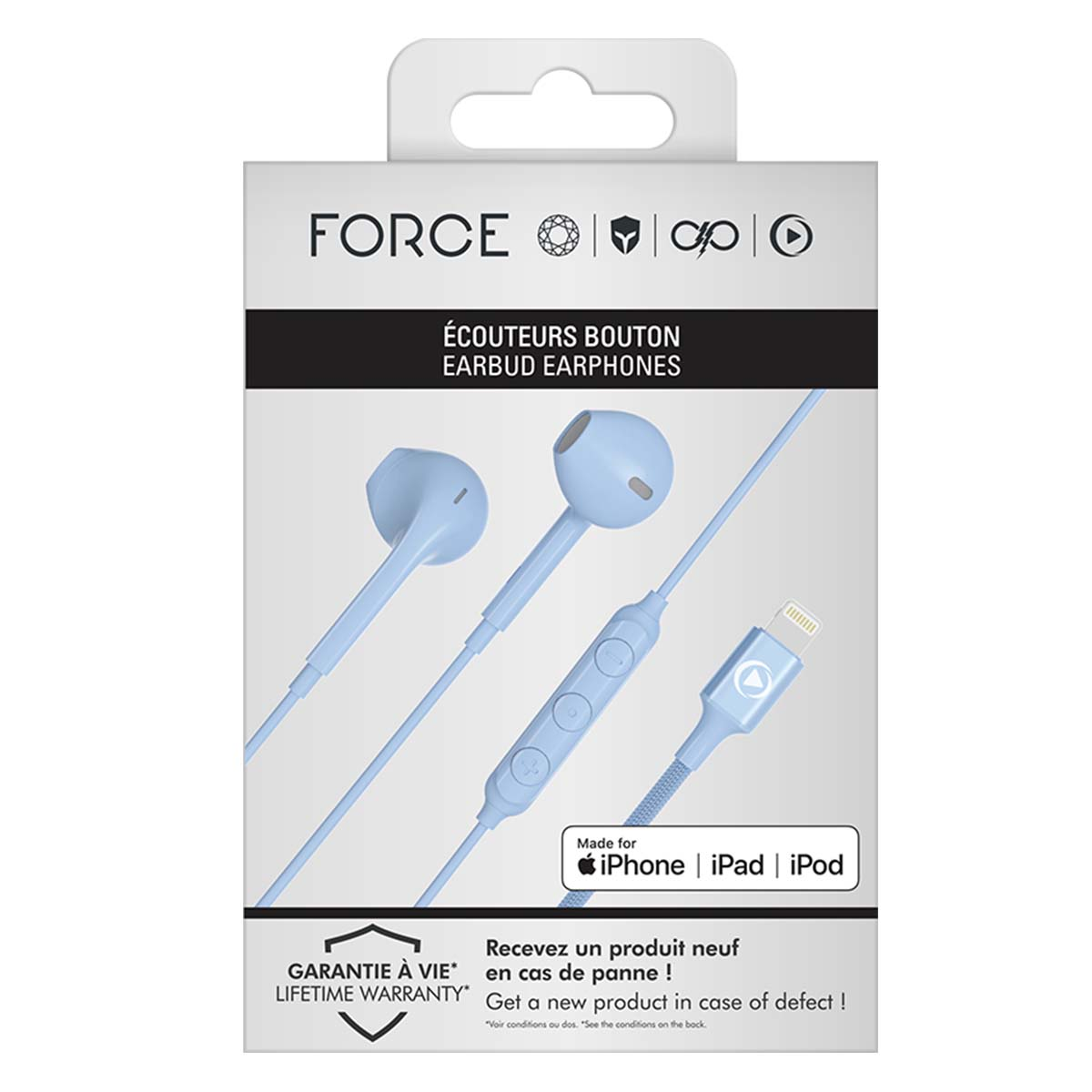 Embalaje de auriculares FORCE azul claro con conector Lightning.