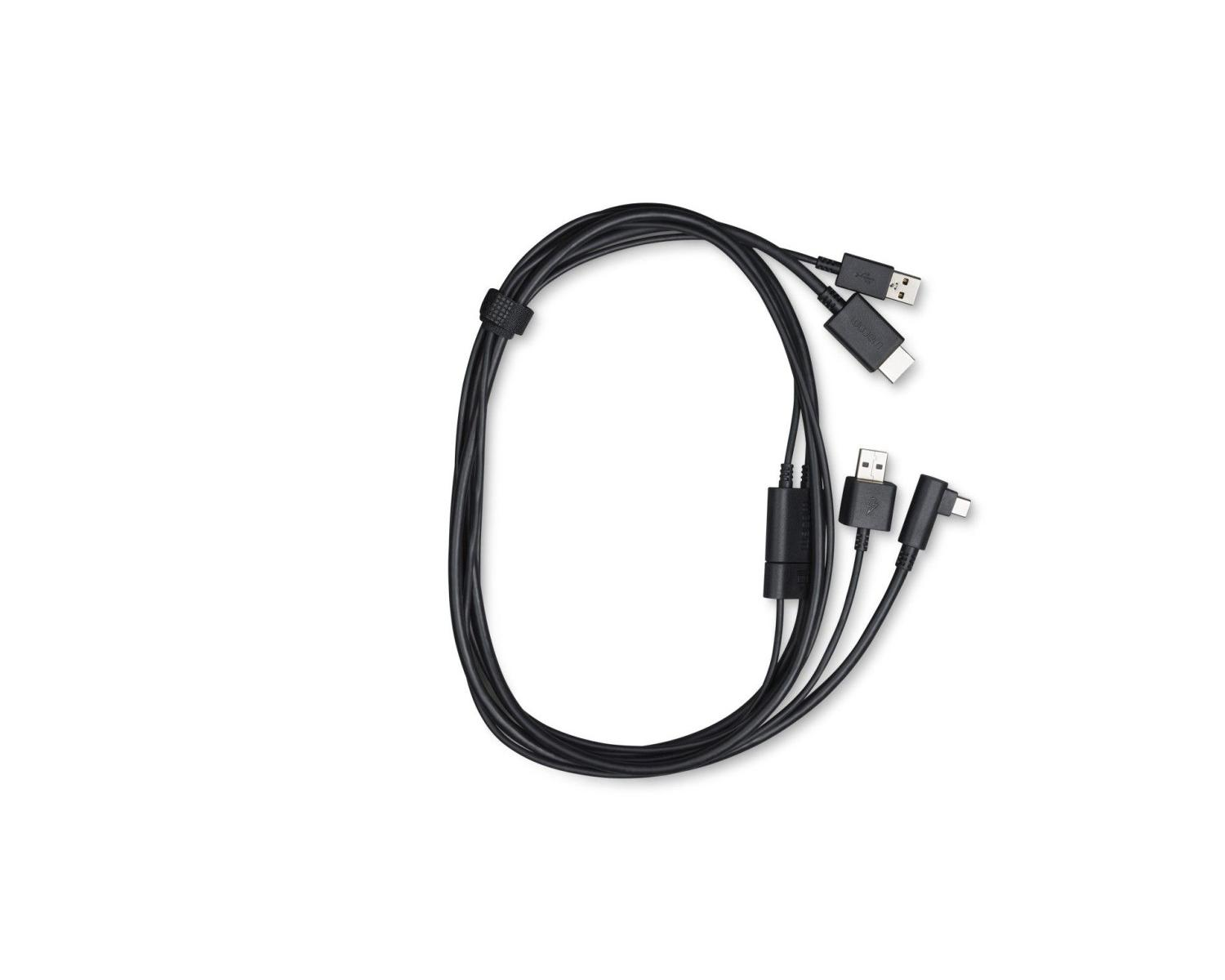 Ein schwarzes USB-Kabel mit mehreren Anschlüssen, darunter USB-A, USB-C und Micro-USB.