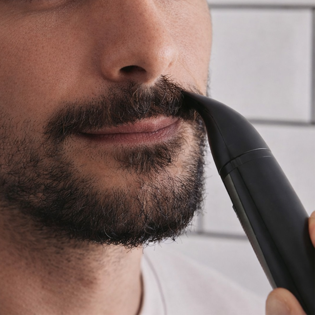 Man trimming beard with black trimmer against white tiled background.