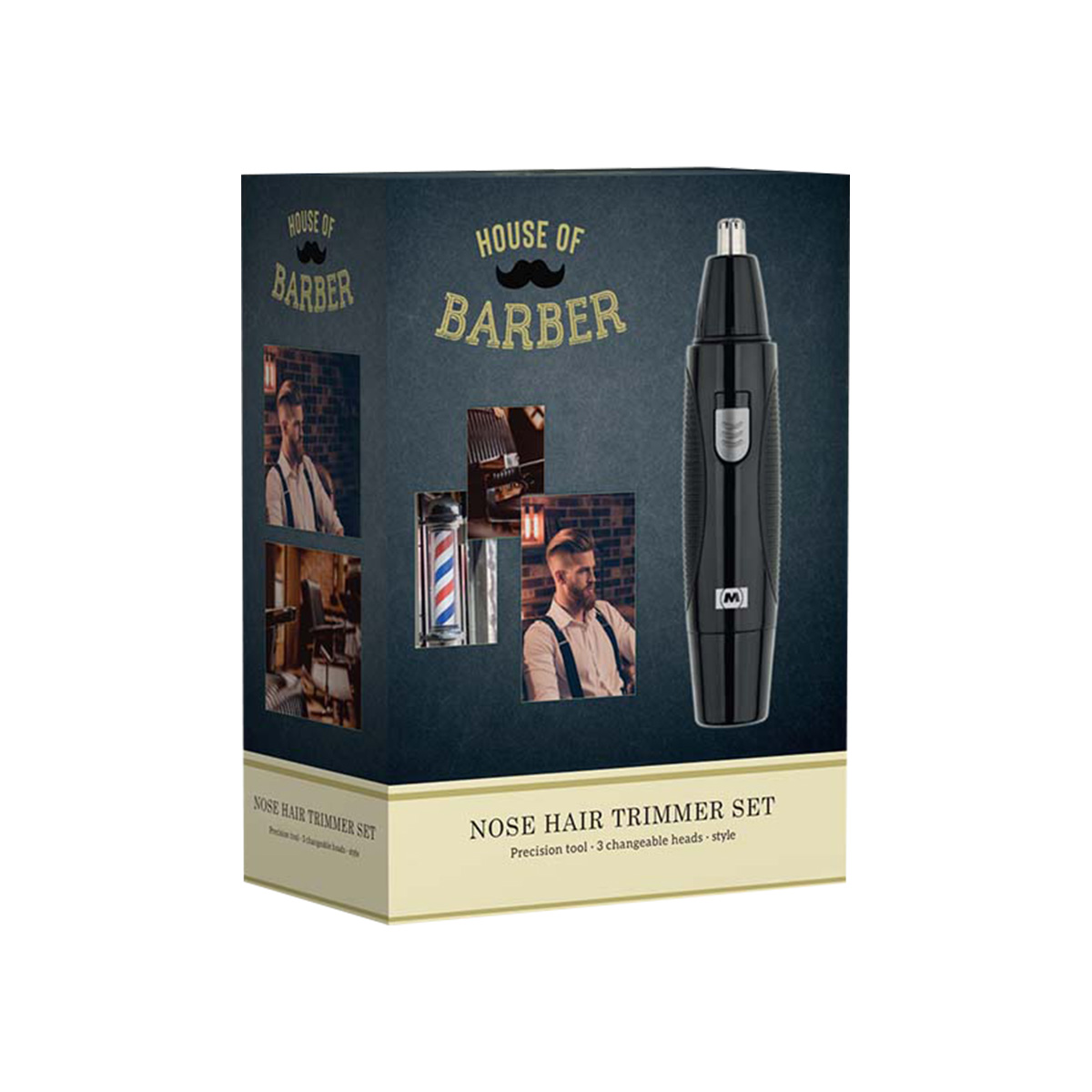 Box for a nose hair trimmer set, showing a trimmer and barber shop images.
