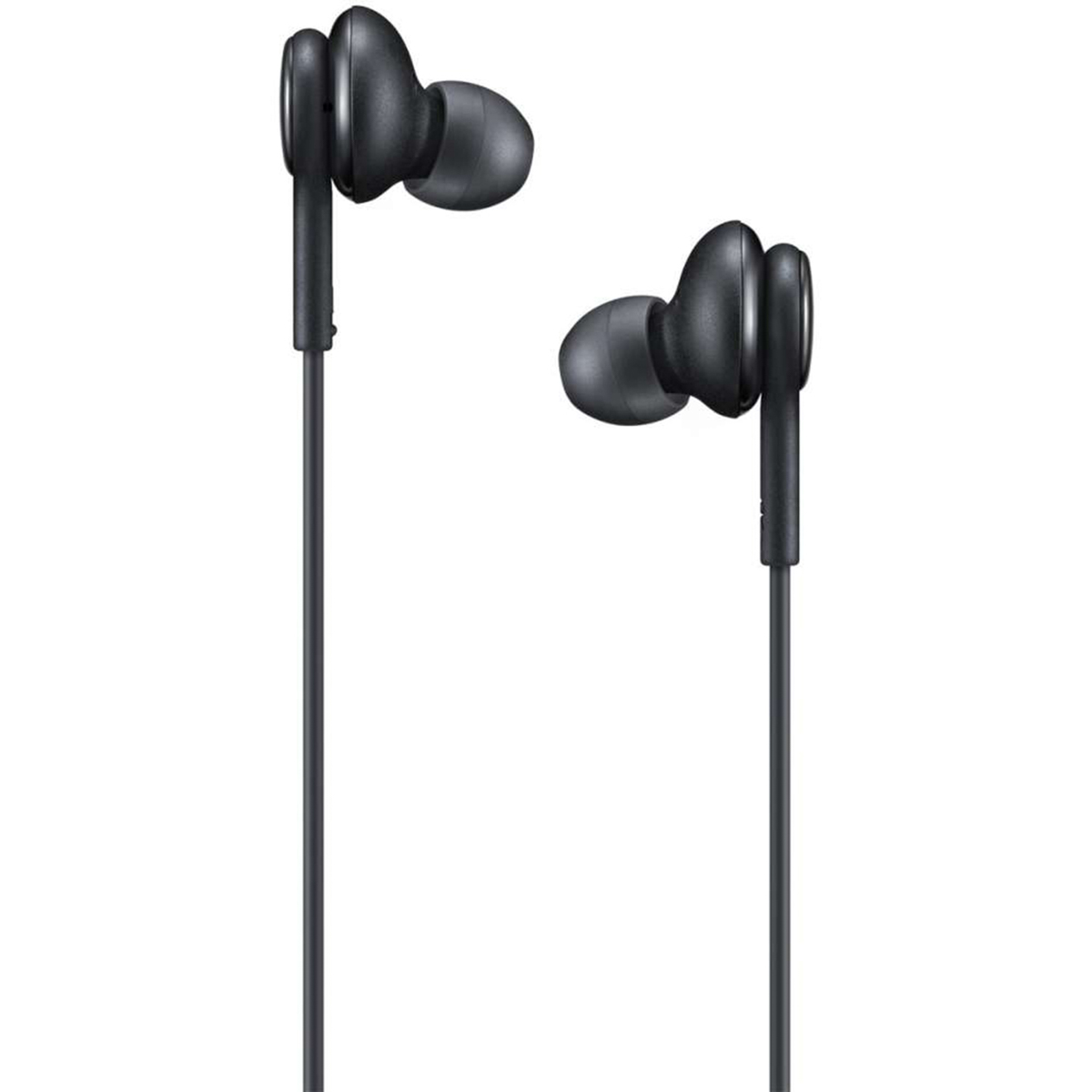 Schwarze In-Ear-Kopfhörer mit Kabel auf weißem Hintergrund.