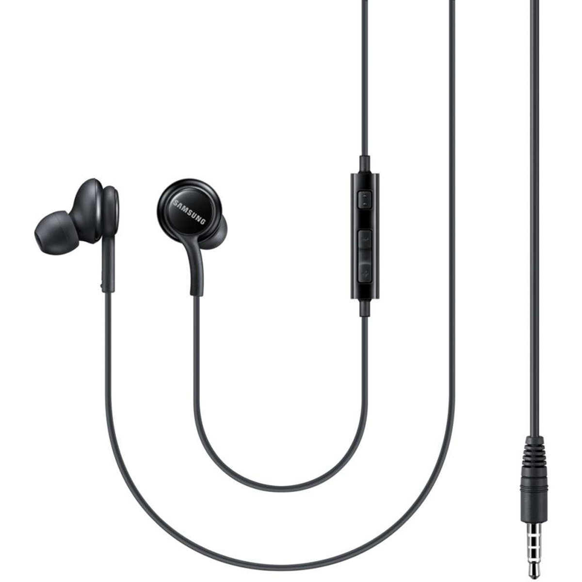 Schwarze Samsung-Ohrhörer mit Fernbedienung und 3,5-mm-Stecker.