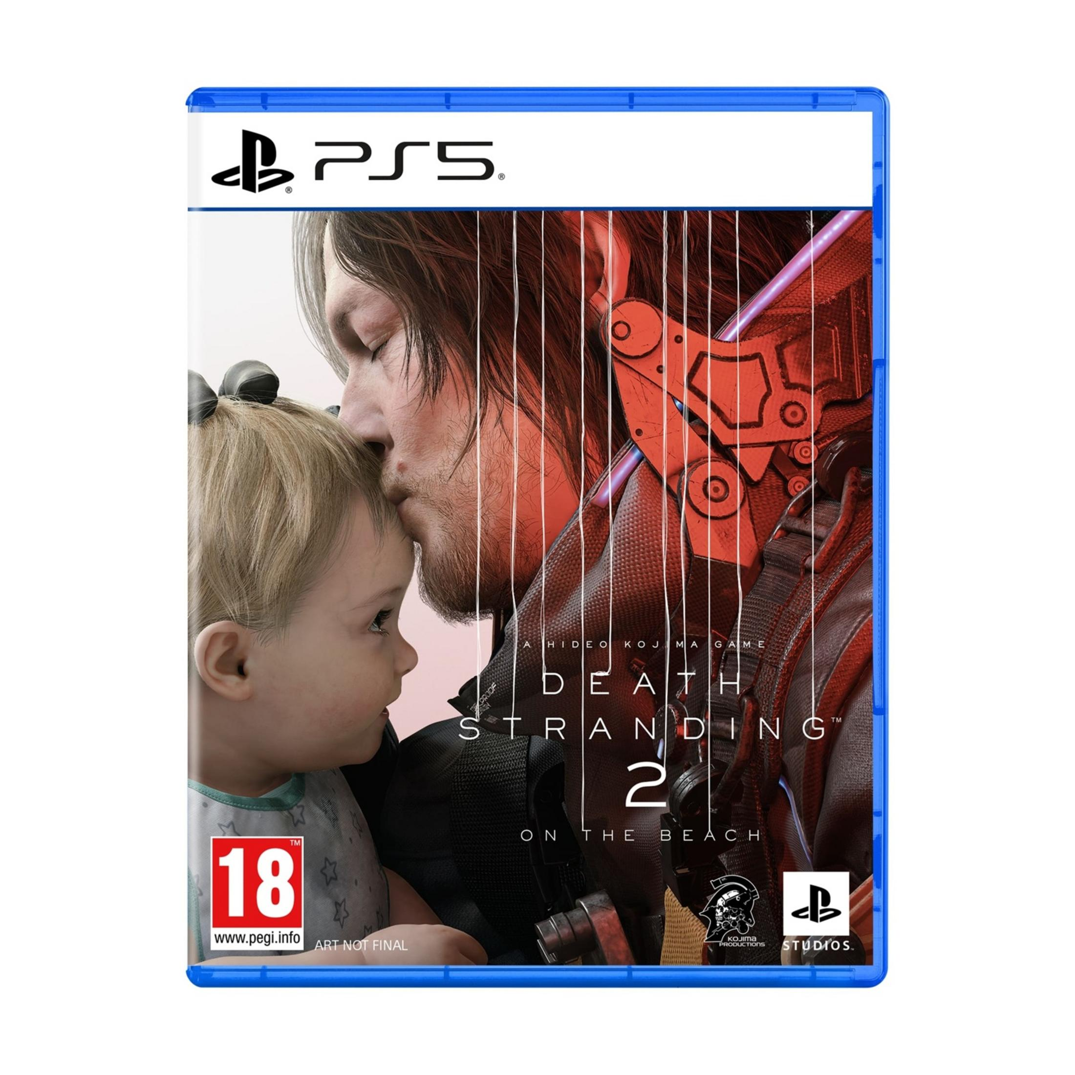 Copertina PS5: Uomo bacia bambino. Logo Death Stranding 2. PEGI 18.