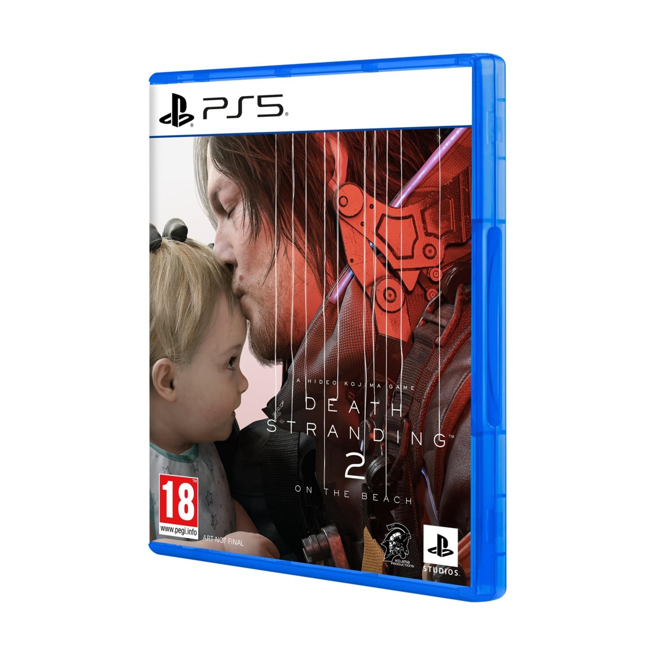 Copertina gioco PS5 Death Stranding 2: padre bacia bimbo, tuta rossa, PEGI 18.
