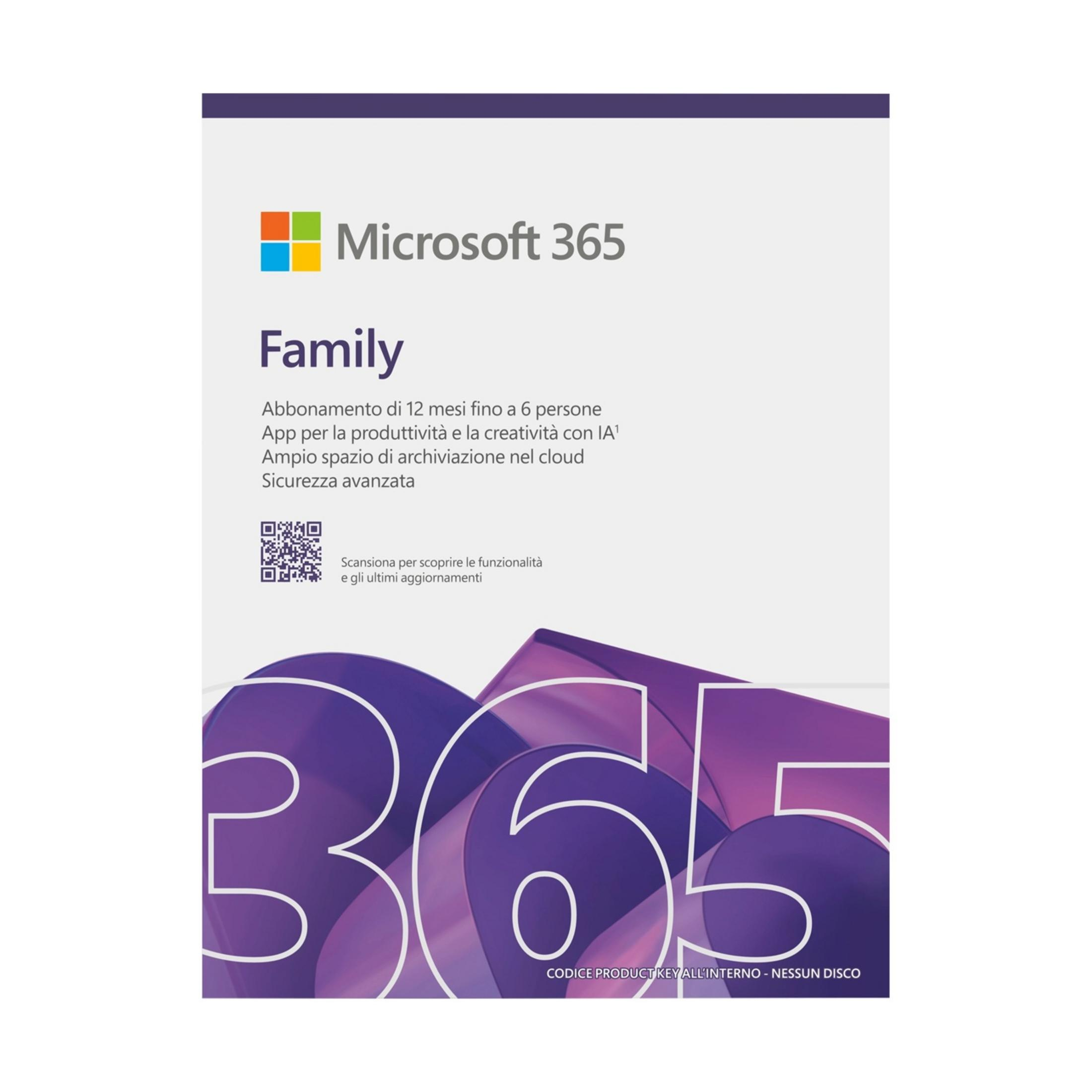 Suscripción Microsoft 365 Family por 12 meses, código QR y números grandes 365.
