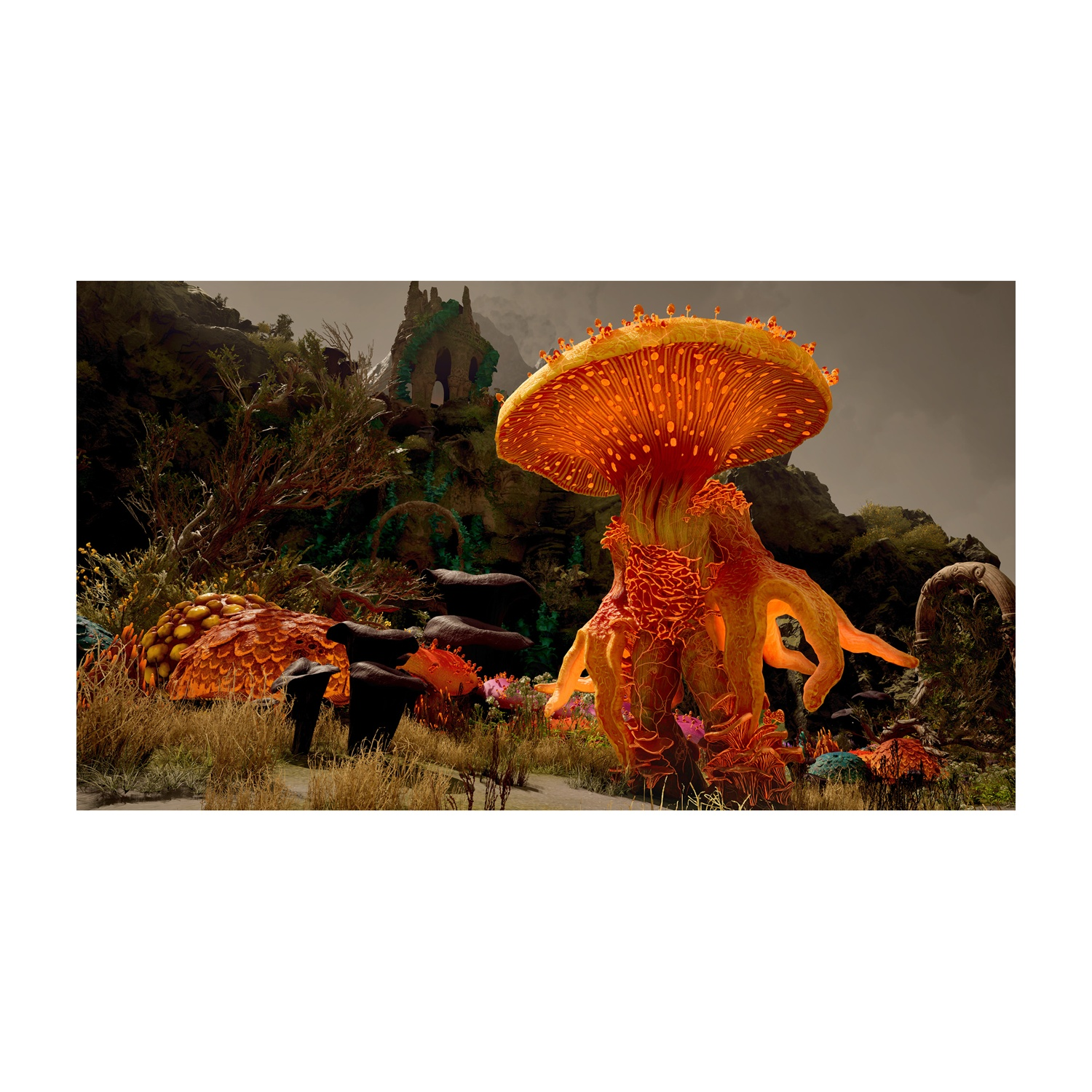 Un grande fungo arancione luminoso in un paesaggio con rovine e flora aliena.