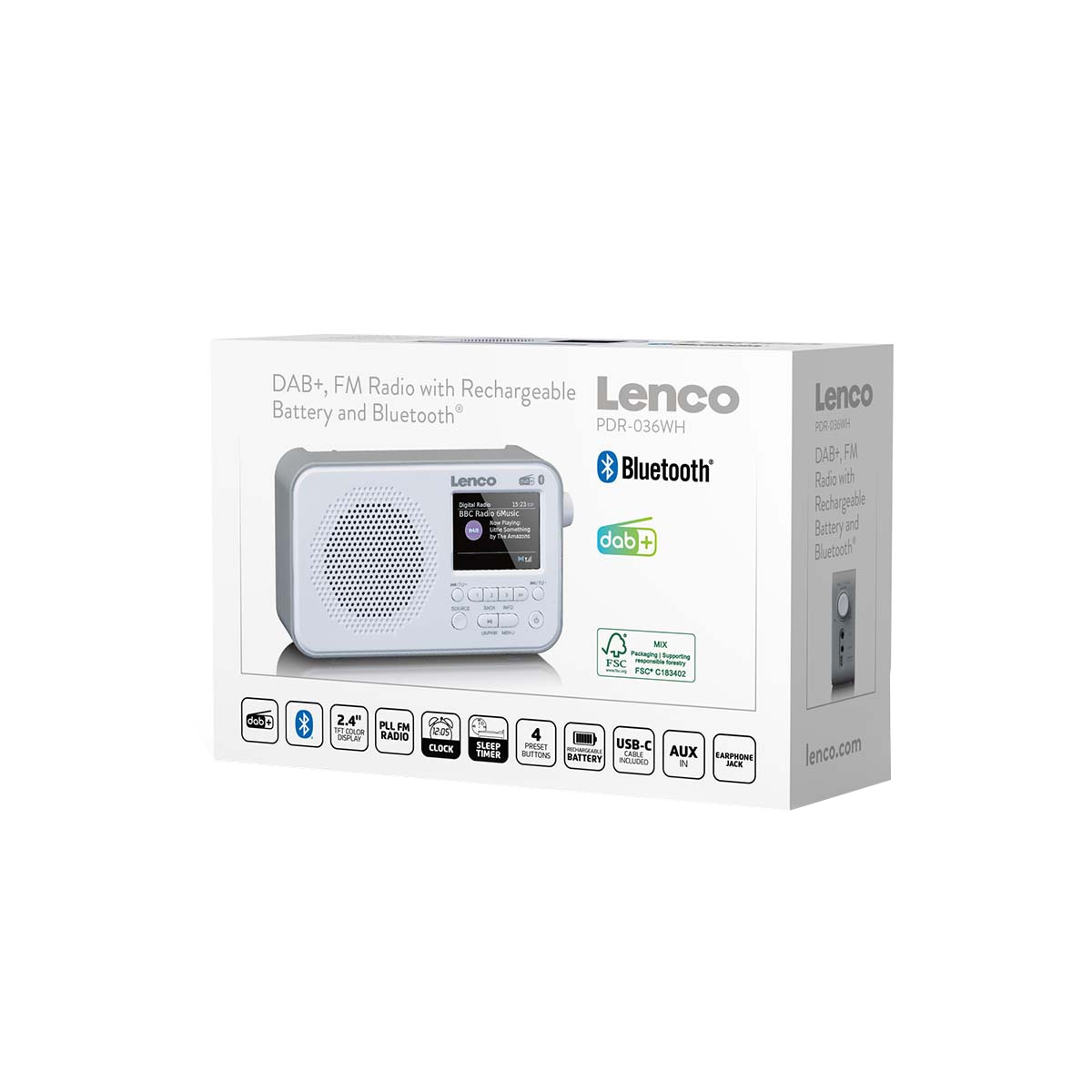 Witte Lenco DAB+/FM radioverpakking met de radio en functies erop.