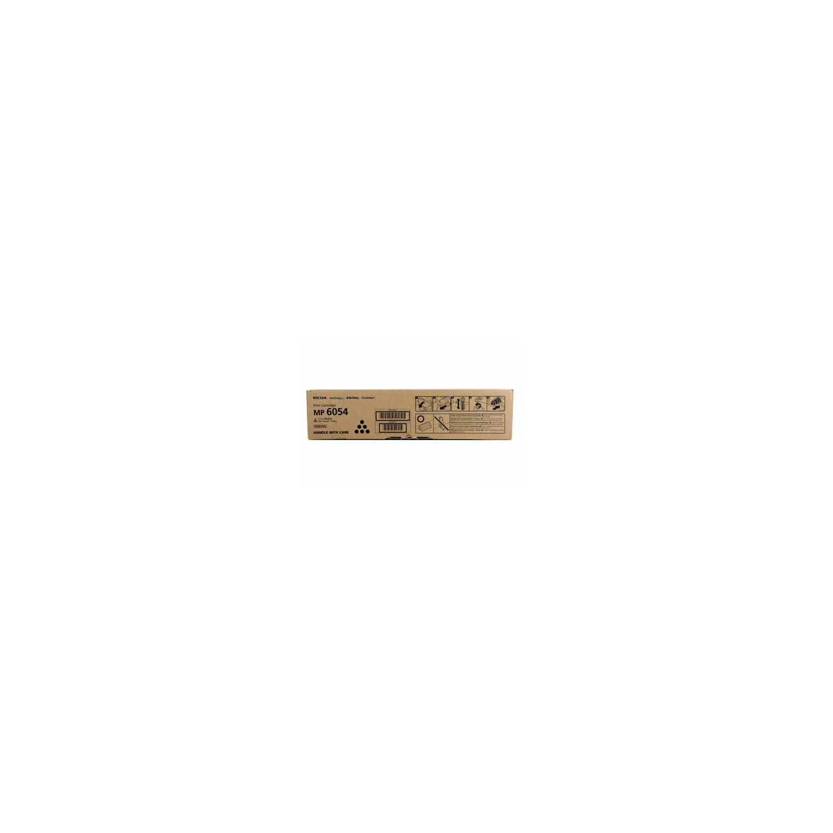 Ricoh MP 6054 tonercartridge in bruine doos met waarschuwingssymbolen.