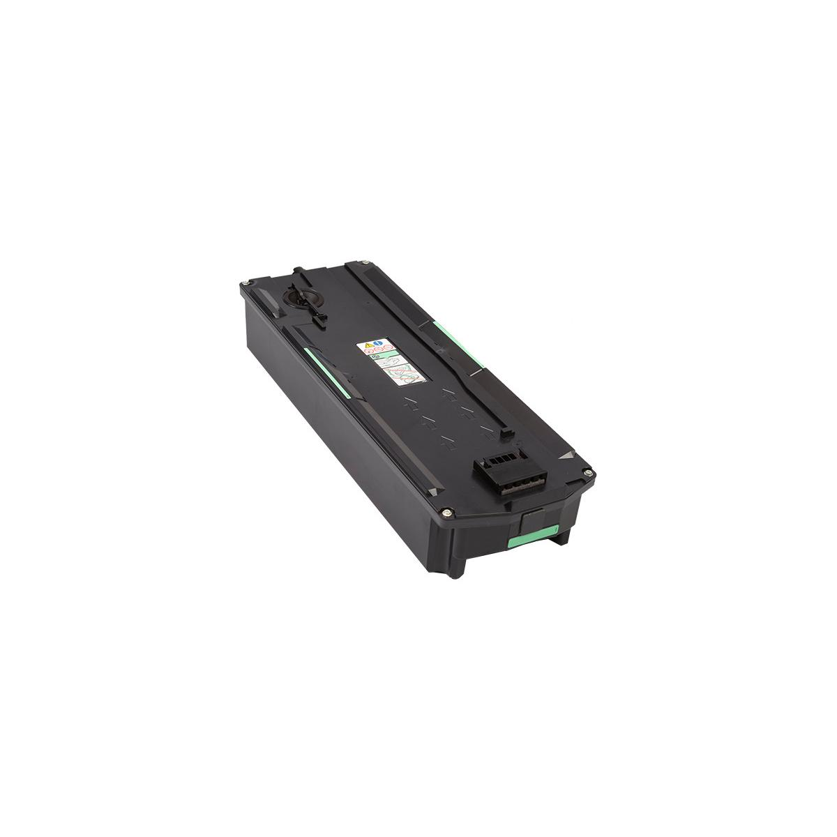 Cartuccia toner nera con accenti verdi e simboli di avvertenza su sfondo bianco.
