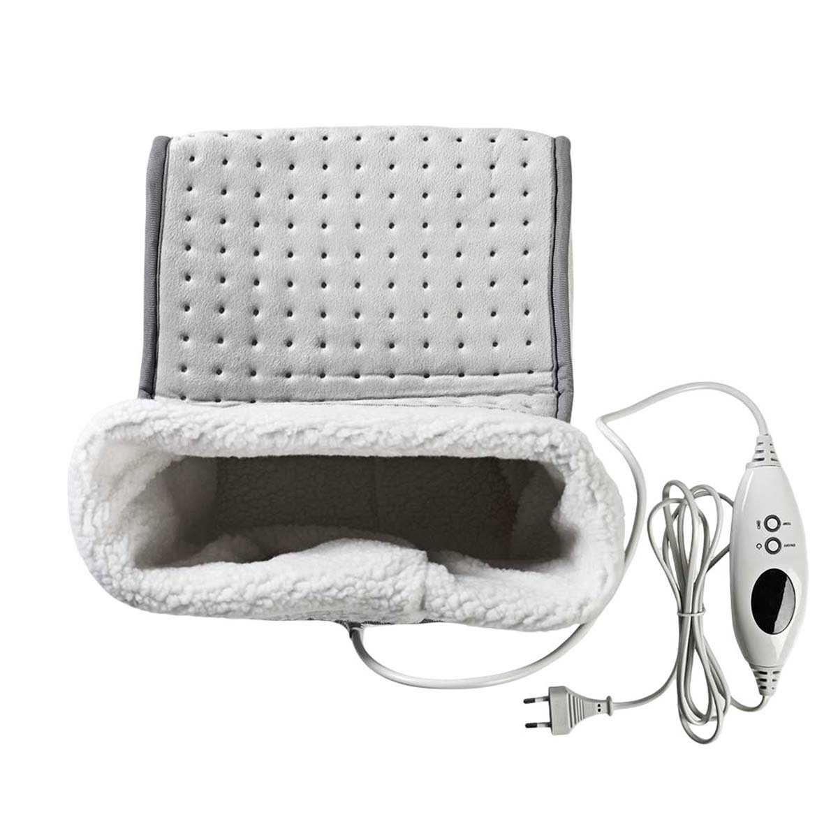 Tampone riscaldante grigio con fodera in sherpa, cavo e controller bianco.