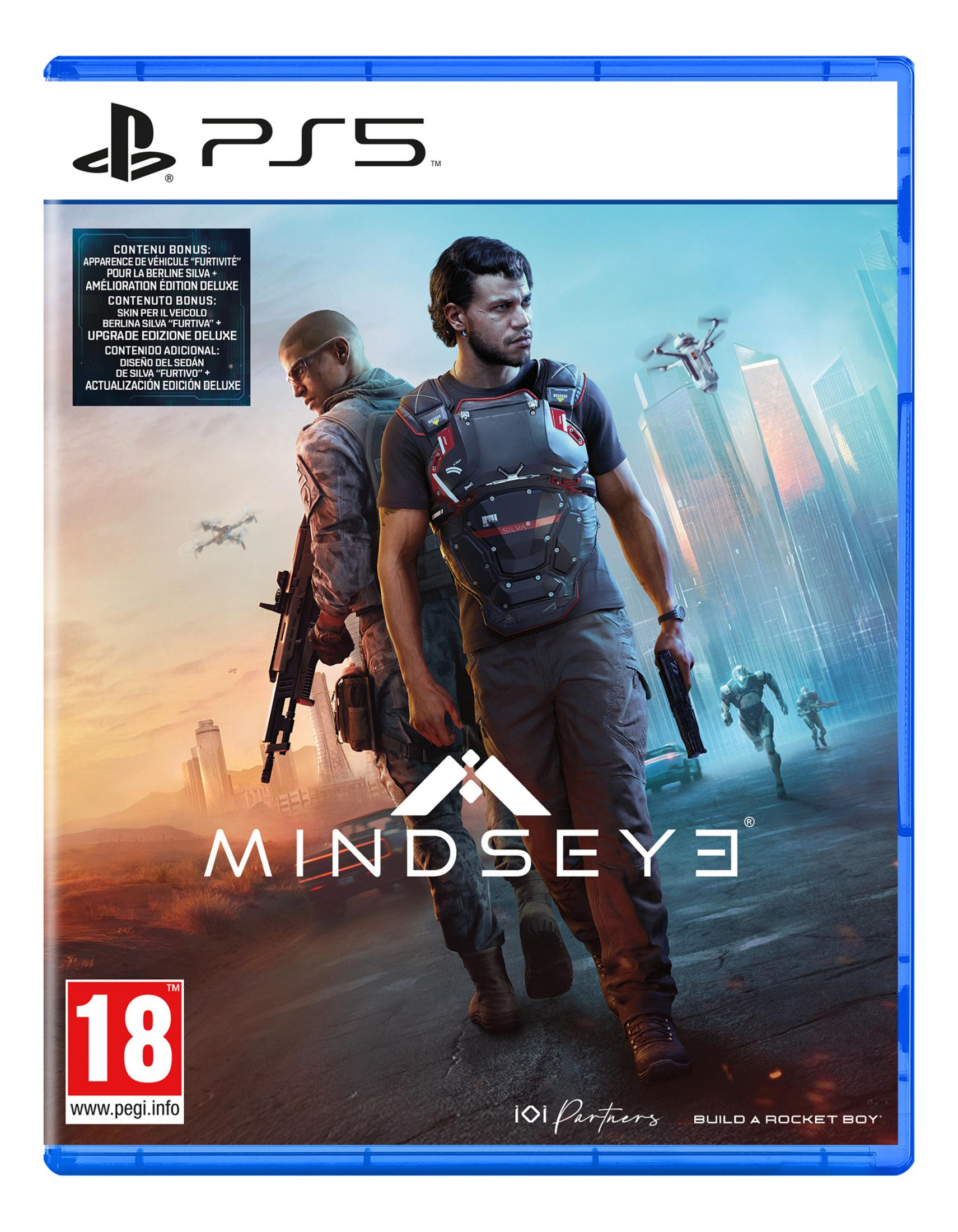 Portada del juego PS5 con dos soldados, drones y una ciudad futurista.