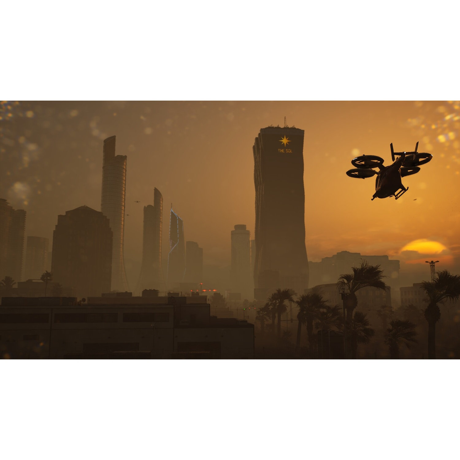 Una aeronave futurista pasa junto a rascacielos en un horizonte urbano teñido por el atardecer.