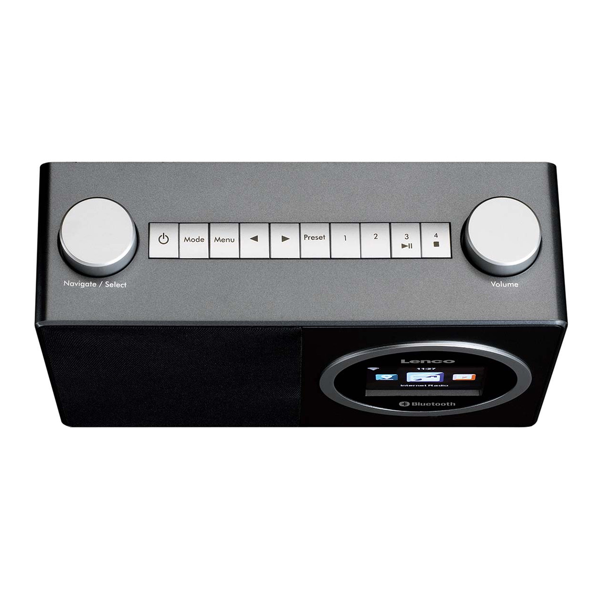 A gray internet radio with silver knobs and buttons.