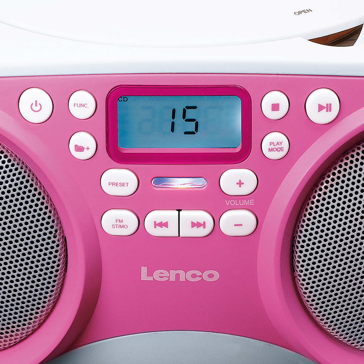 Ein pinker CD-Player mit Lautsprechern, einem Display und Bedienelementen.