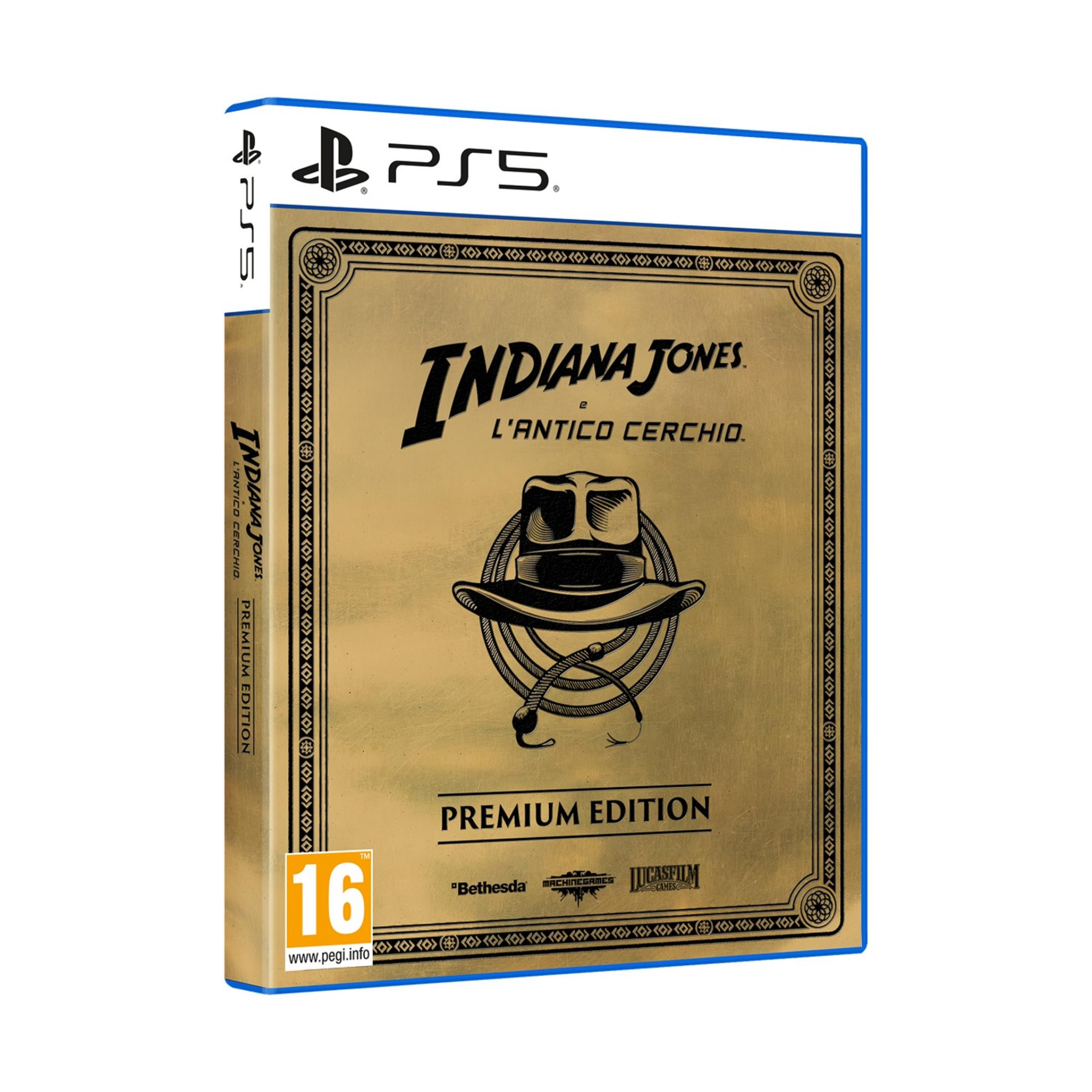 Box del gioco PS5, Indiana Jones, oro, cappello e frusta, Edizione Premium.