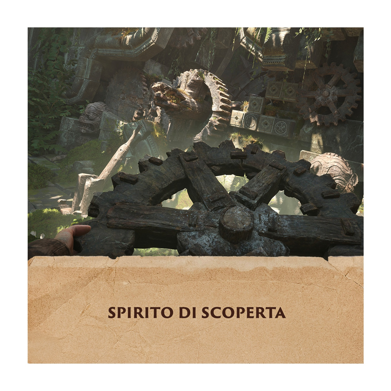 Antiche rovine con ingranaggi, tenute da una mano. "Spirito di Scoperta".