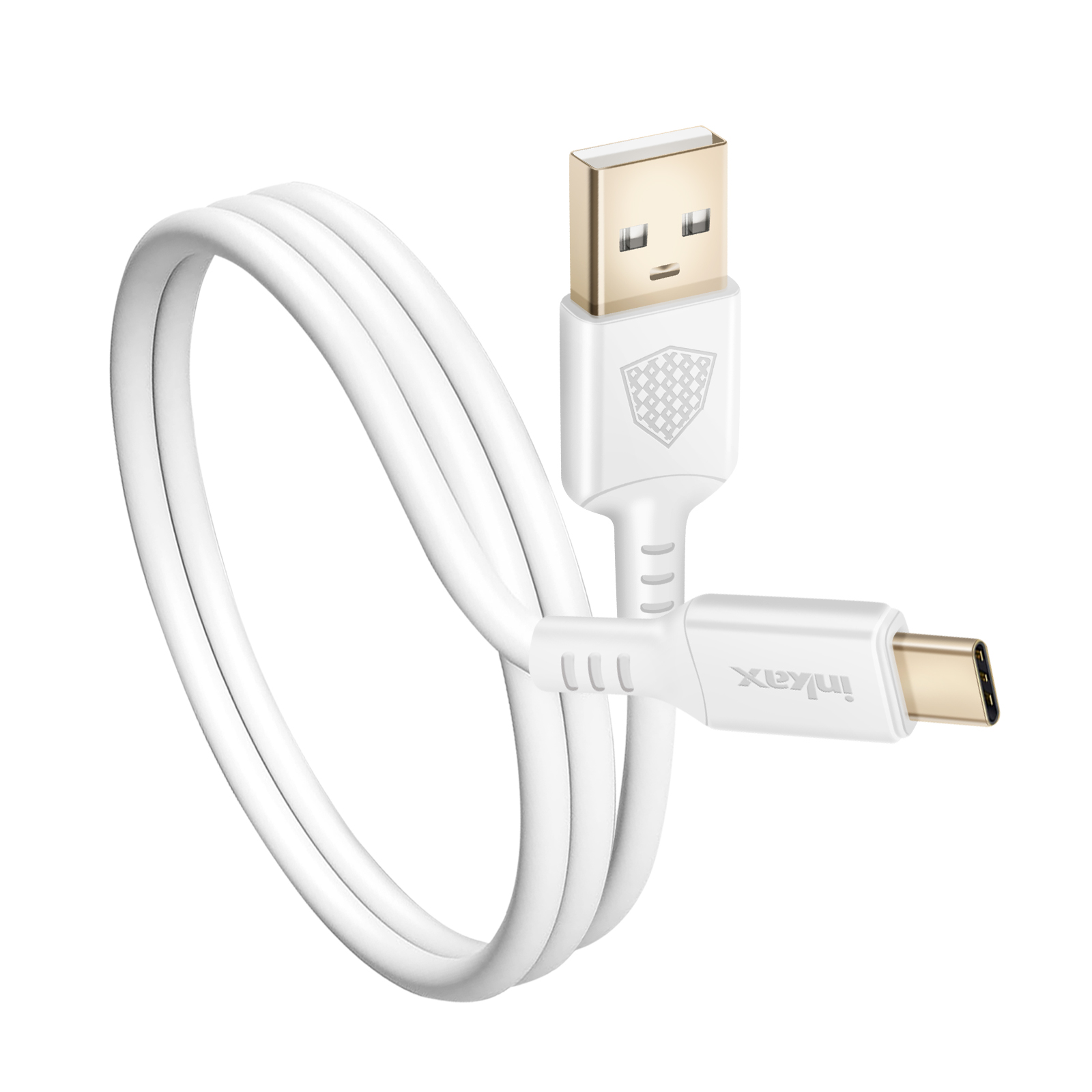Un cavo da USB-A a USB-C bianco, arrotolato, con connettori dorati.