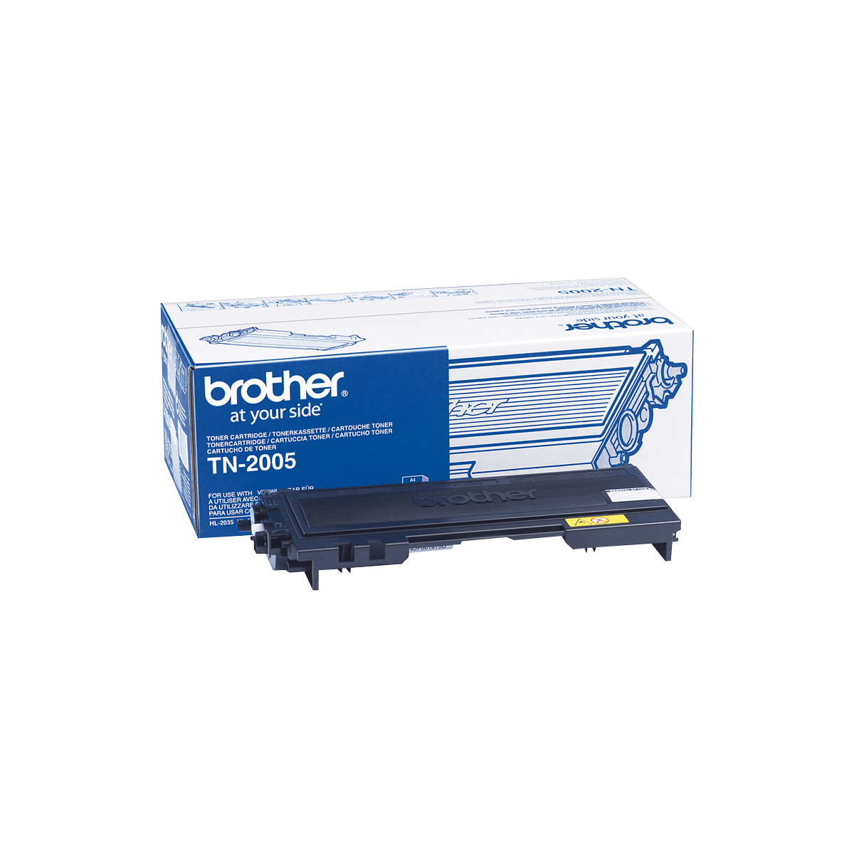 Cartuccia toner Brother TN-2005 con scatola su sfondo bianco.