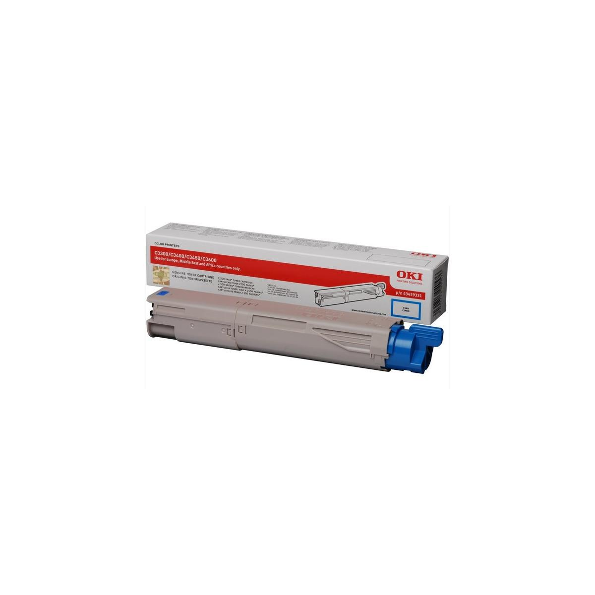 Cartuccia toner OKI per stampanti a colori C3300-C3600 in grigio e blu.