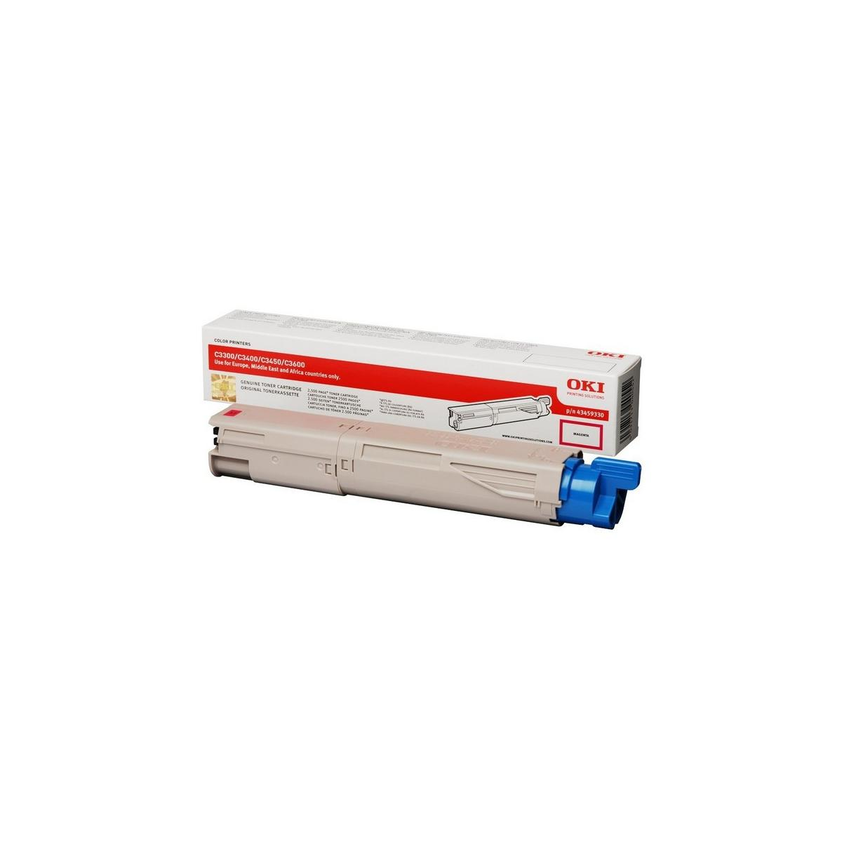OKI Magenta toner cartridge voor C3300-C3600 printers, met blauwe connector.